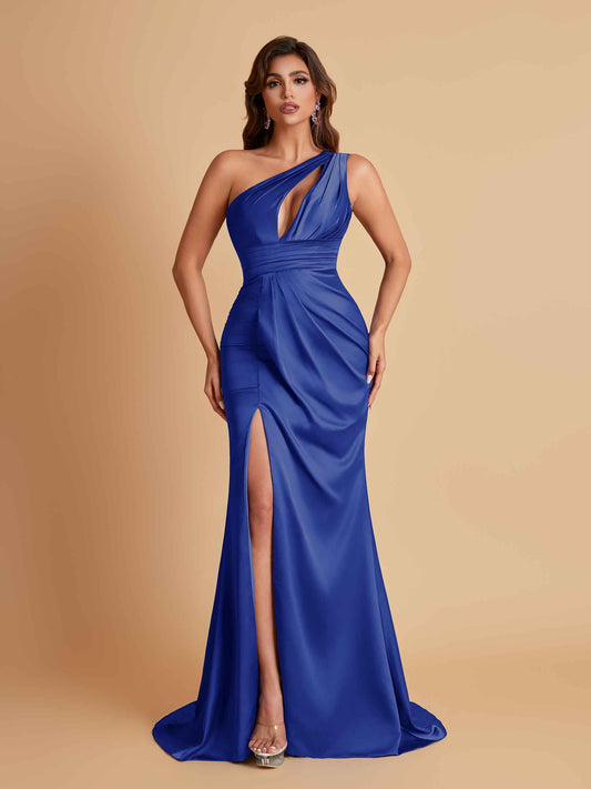 Sexy One Shoulder Soft Satin Side Slit Floor-Length Mermaid Bridesmaid Dresses