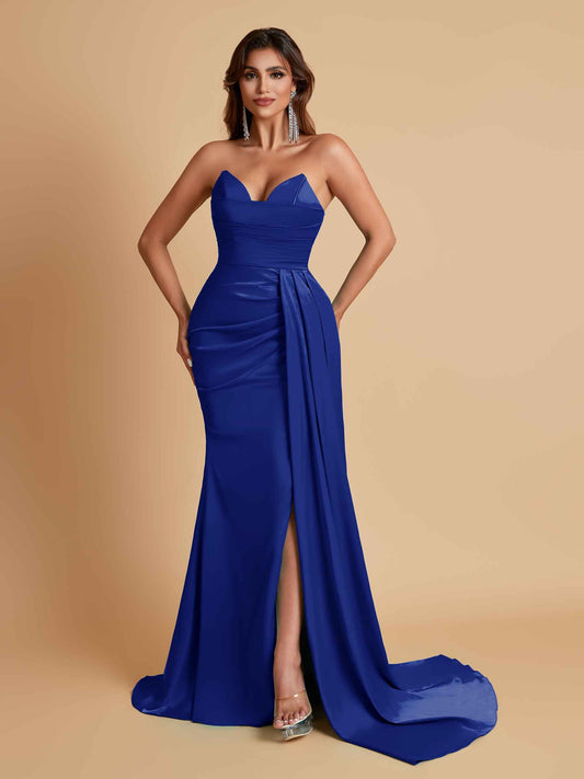 Gorgeous Strapless Soft Satin Side Slit Floor-Length Mermaid Bridesmaid Dresses