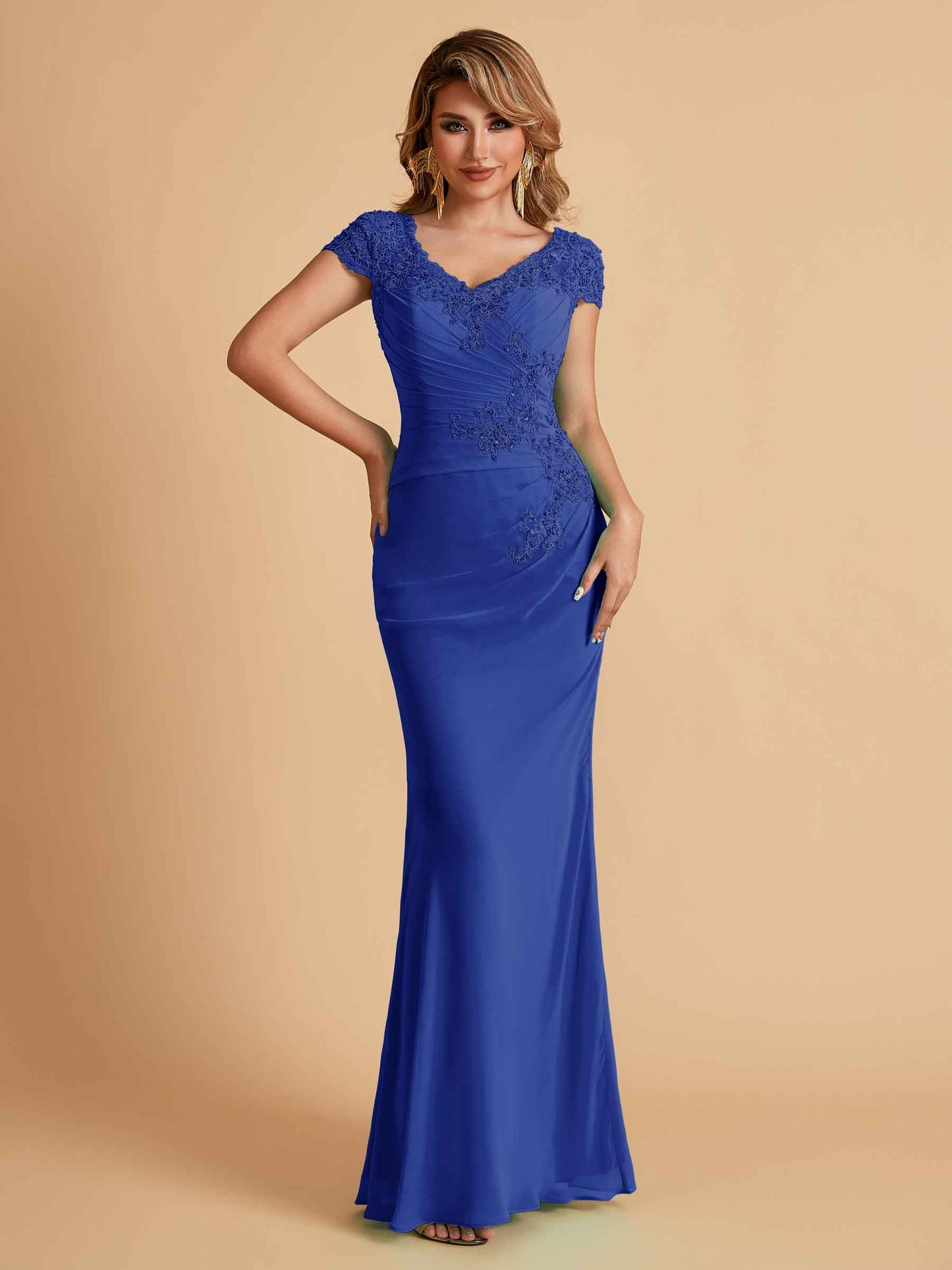 Elegant Mermaid Chiffon Cap Sleeves V-Neck Mother of the Brides Dresses Online