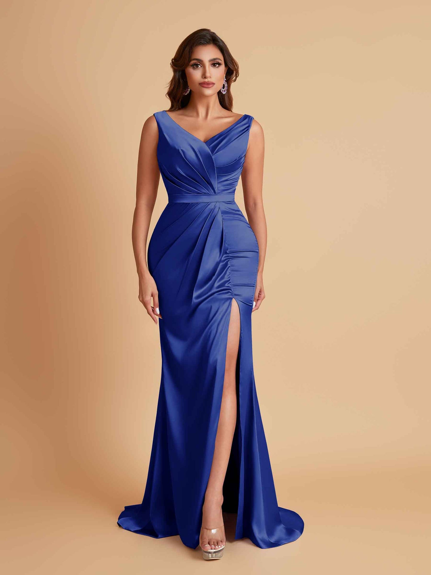 Elegant V Neck Soft Satin Side Slit Floor-Length Mermaid Bridesmaid Dresses