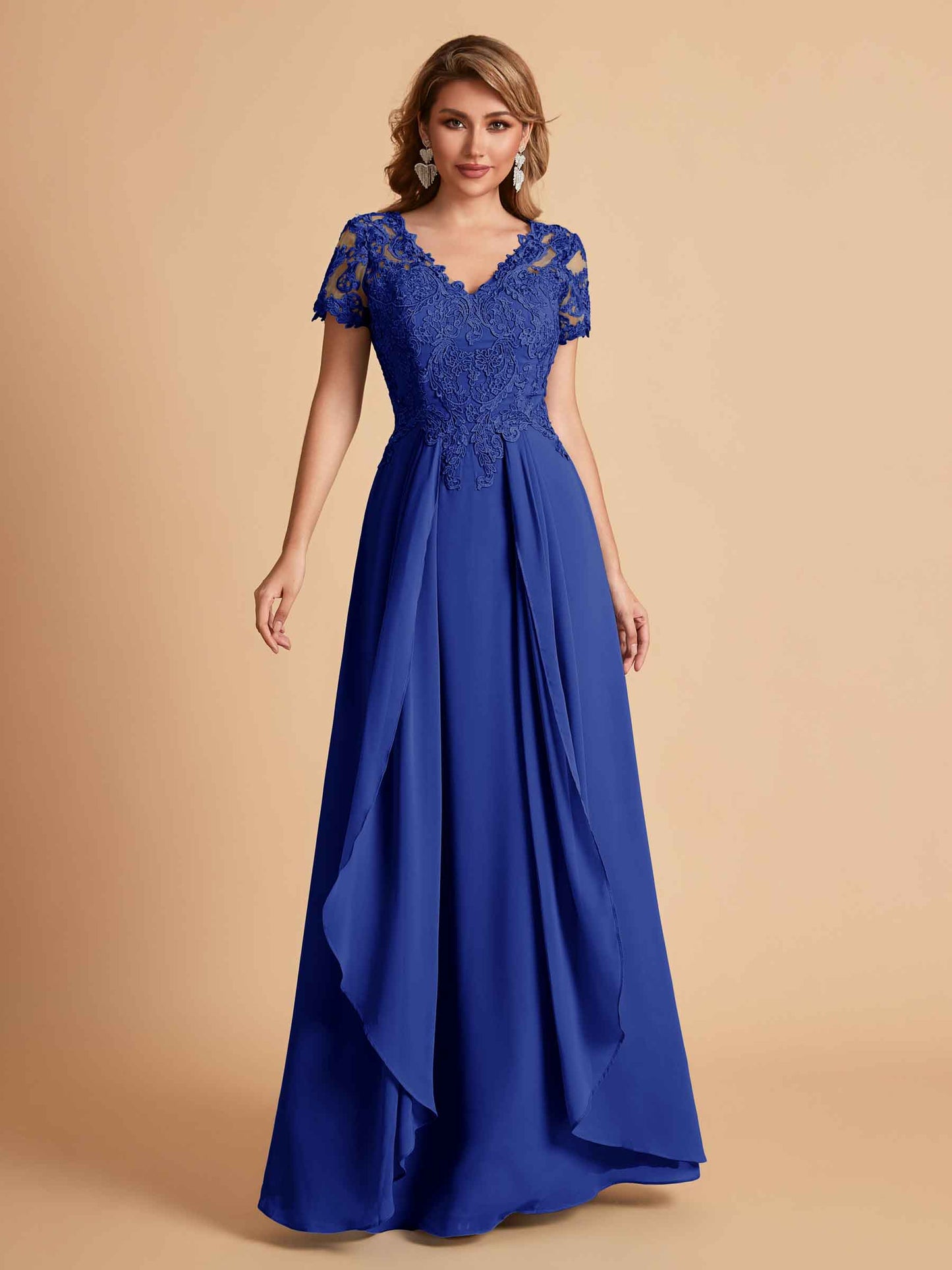 Elegant A-Line Chiffon Short Sleeves V-neck Mother of the Brides Dresses Lace Top MOB Dresses
