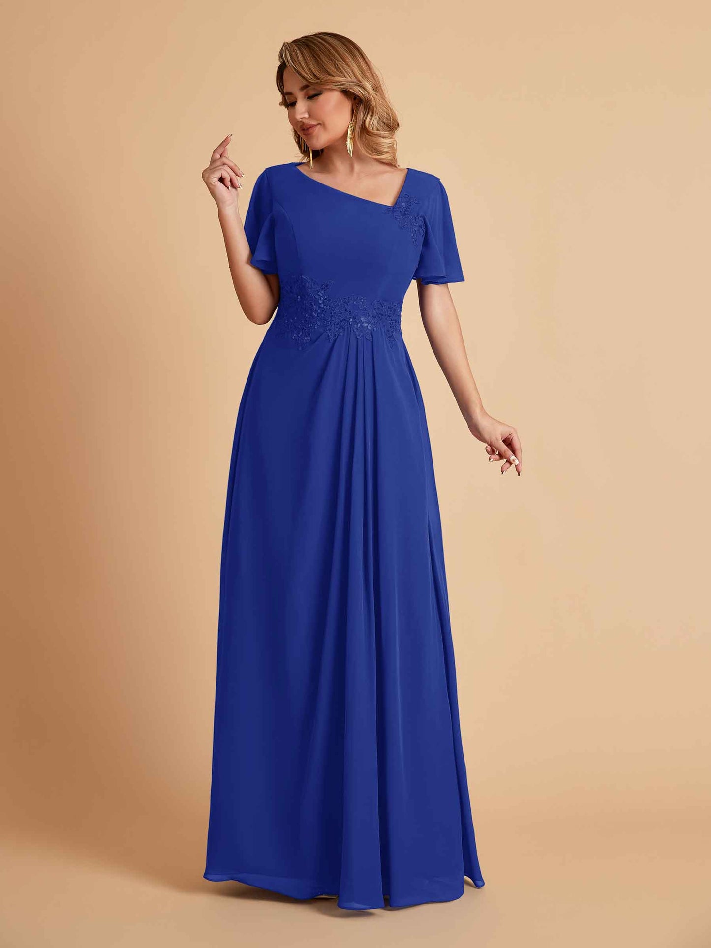 Elegant A-Line Chiffon Short Sleeves V-Neck Mother of the Brides Dresses Online