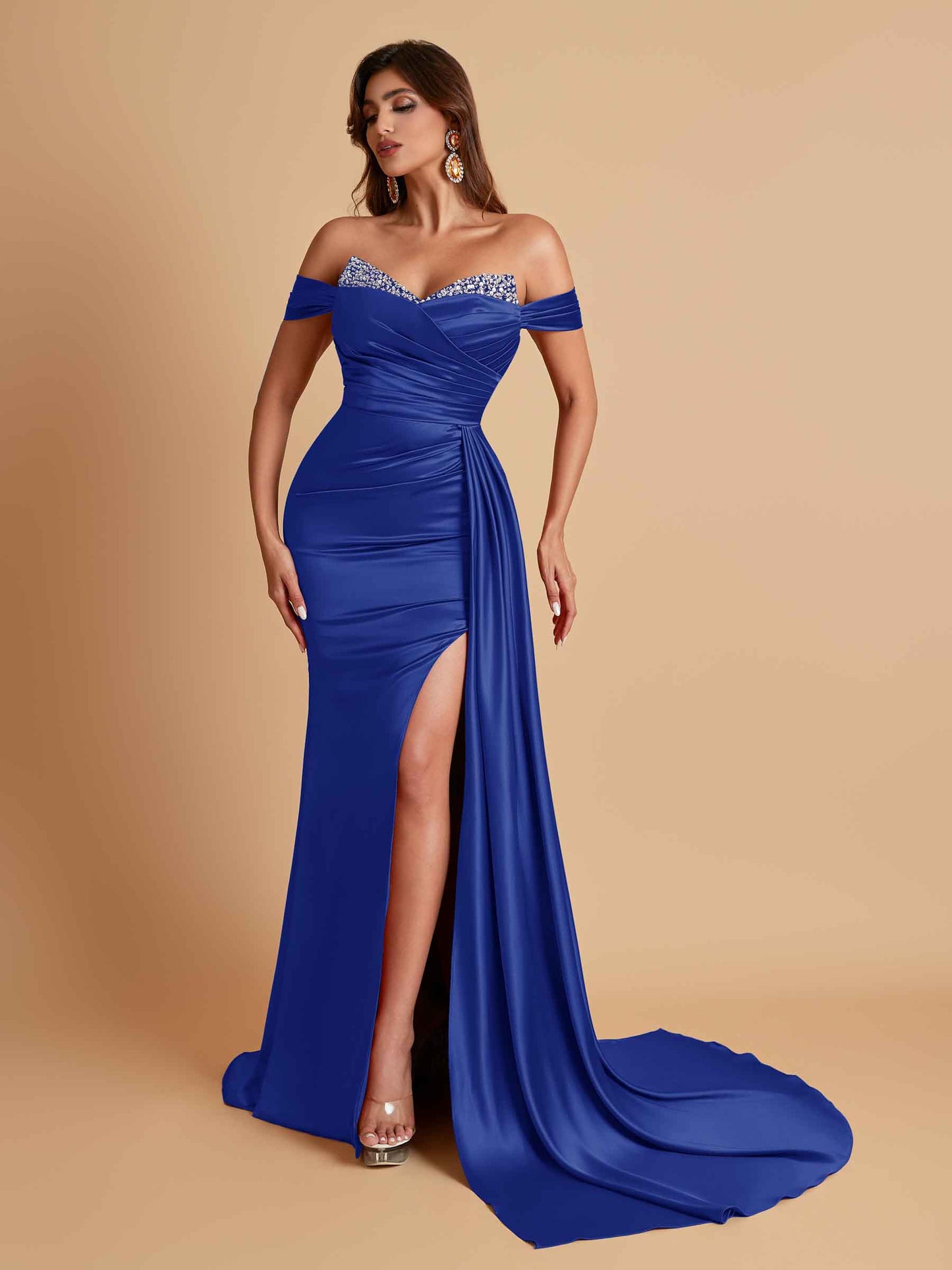Gorgeous Soft Satin V-neck Off-the-Shoulder Side-Slit Mermaid Bridesmaid Dresses