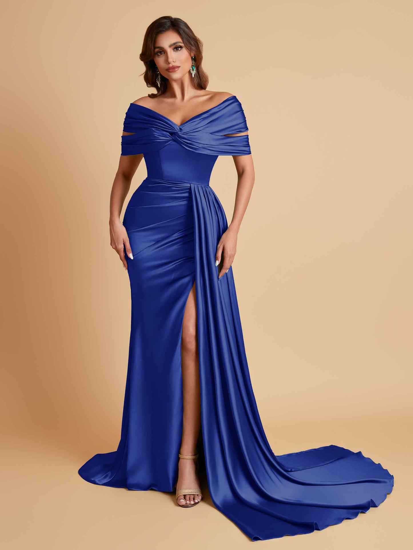 Elegant Soft Satin V-neck Off-the-Shoulder Side-Slit Mermaid Bridesmaid Dresses