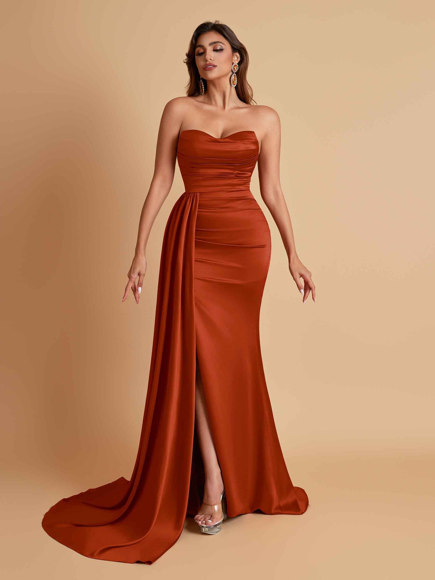 Elegant Soft Satin Sweetheart Strapless Side-Slit Mermaid Bridesmaid Dresses