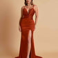 Sexy Soft Satin V-neck Spaghetti Strap Side-Slit Mermaid Bridesmaid Dresses