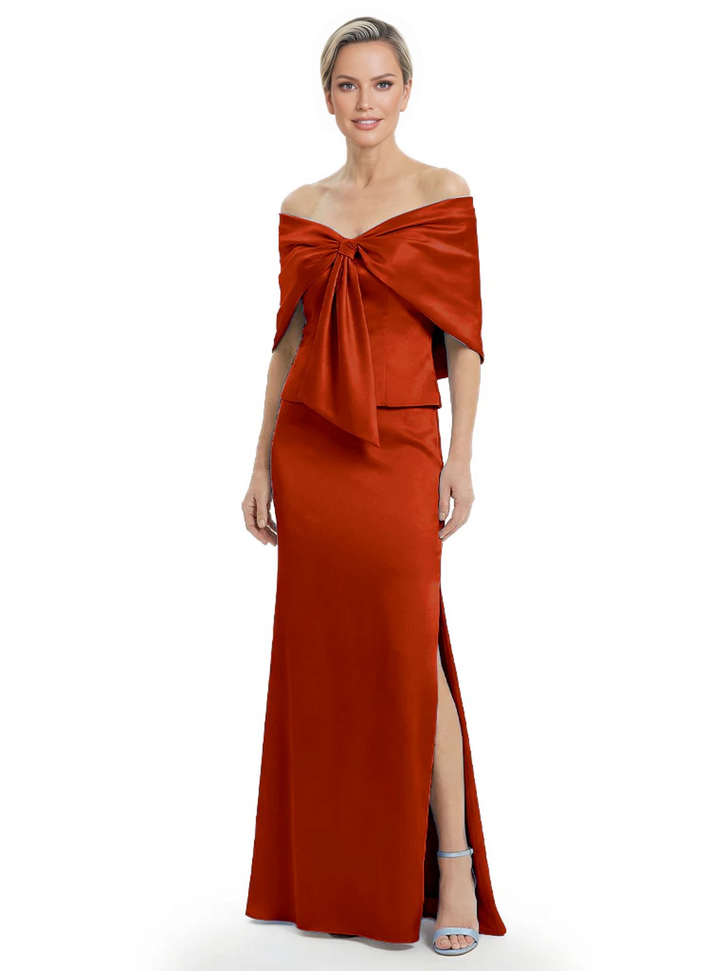 Formal Floor-Length Mother of the Bride Gown Satin Maxi Dress with Bow Neckline