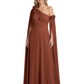 One Shoulder Mother of the Bride Dress Asymmetrical Cape Sleeve Gown with Floral