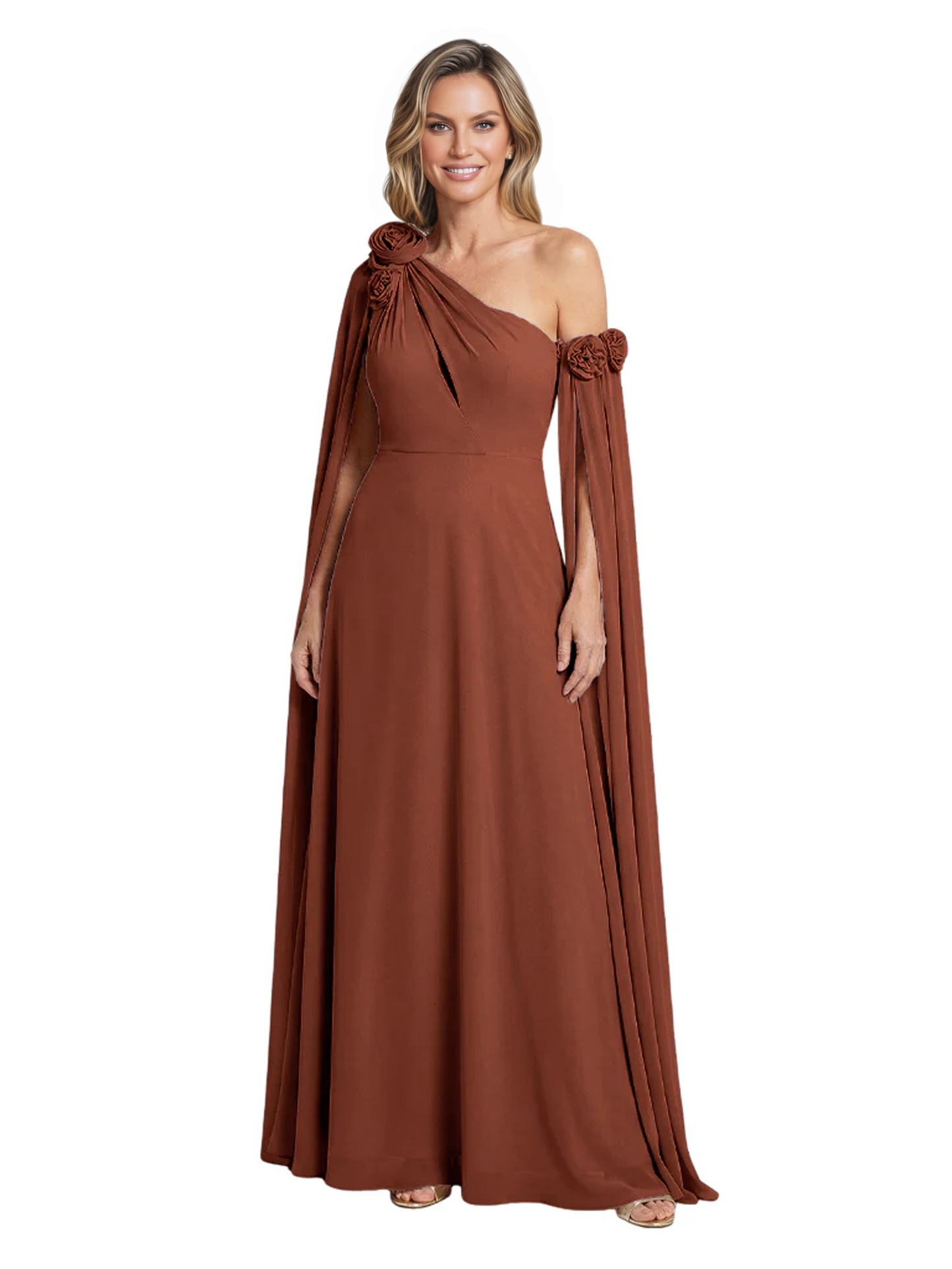 One Shoulder Mother of the Bride Dress Asymmetrical Cape Sleeve Gown with Floral