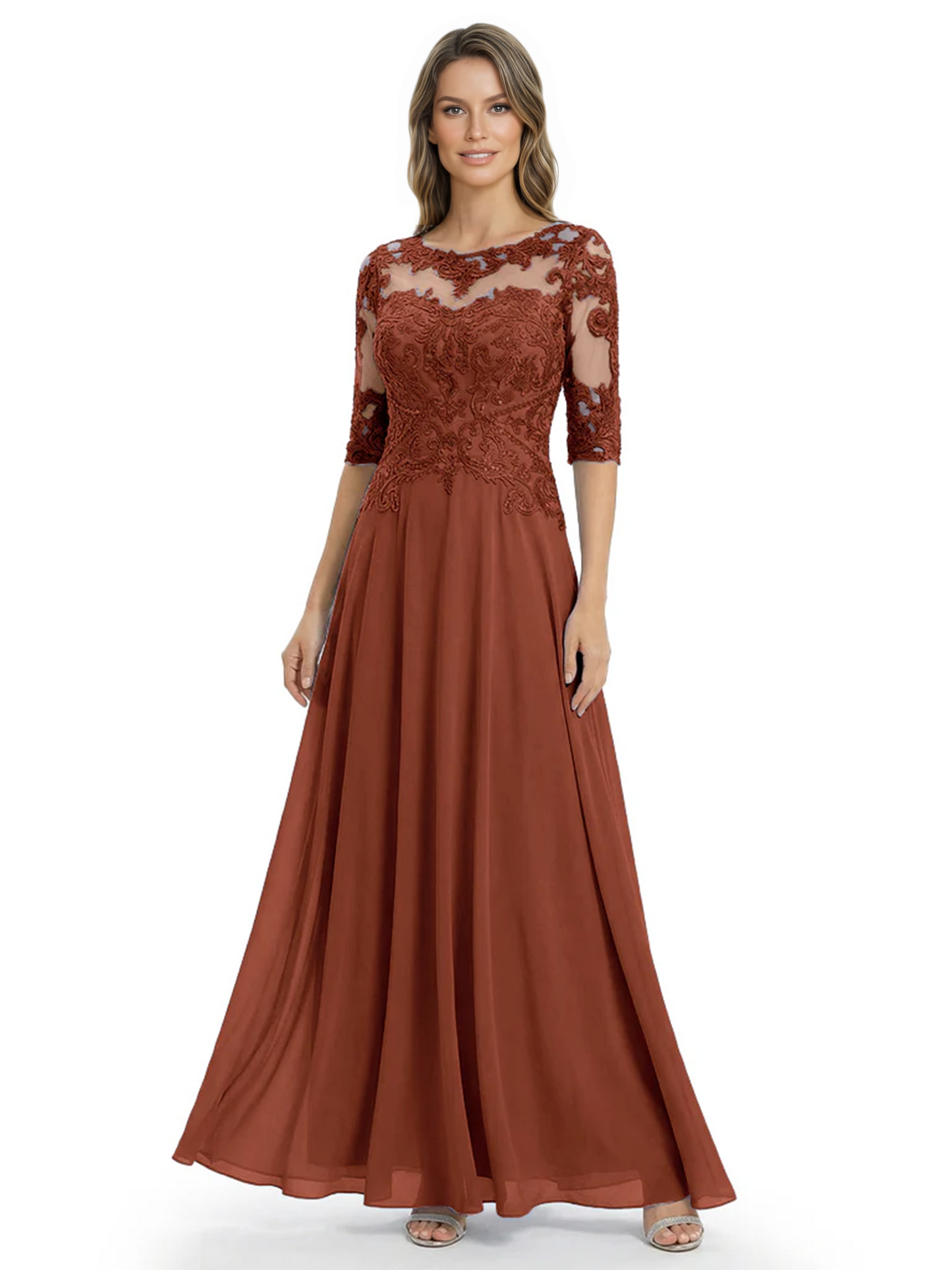 Illusion Neck Mother of the Bride Dress Half Sleeve Lace Applique Gowns Chiffon