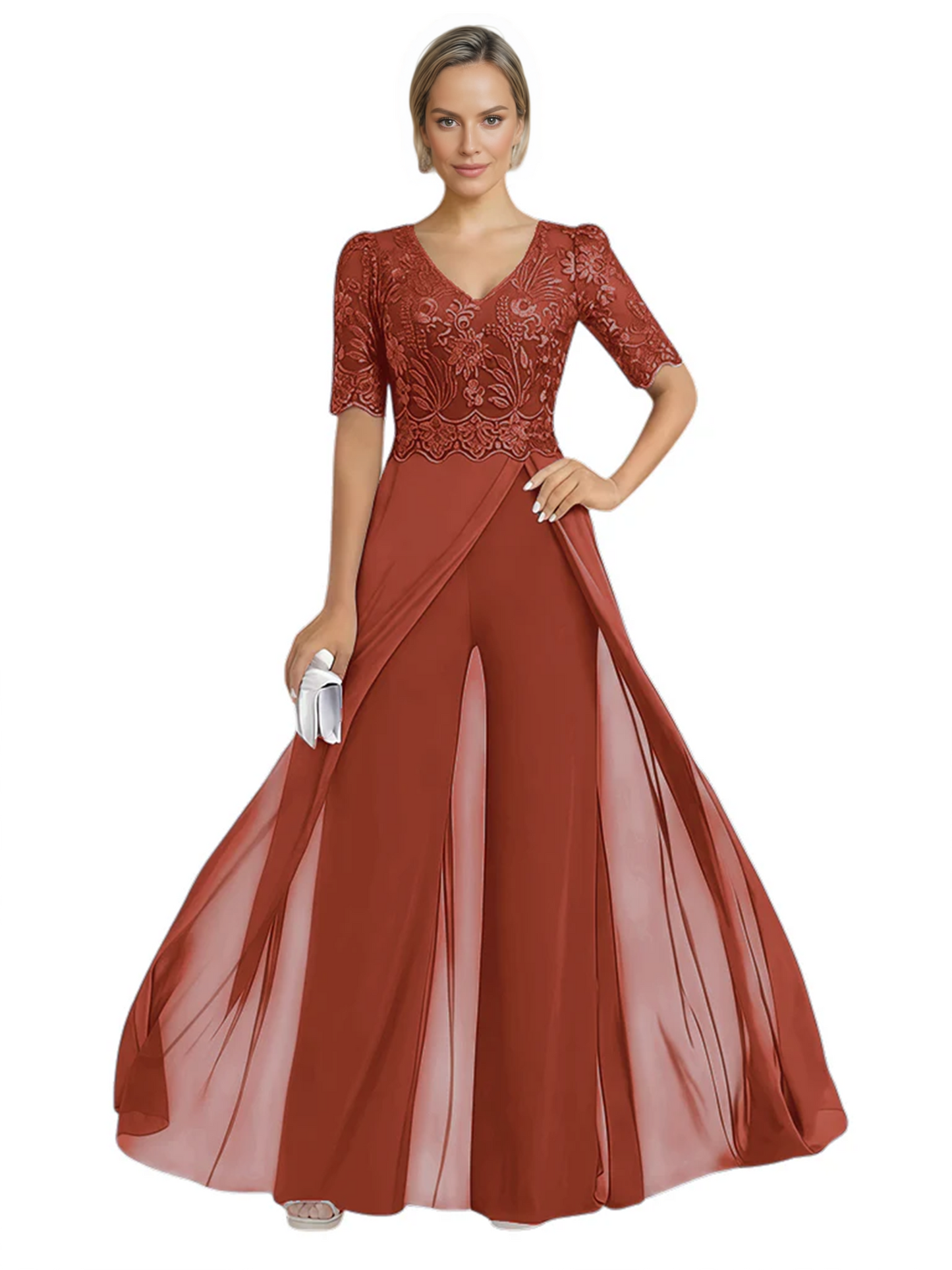 V-Neck Chiffon Mother of the Brides Jumpsuits Dresses Floor Length A-Line Lace