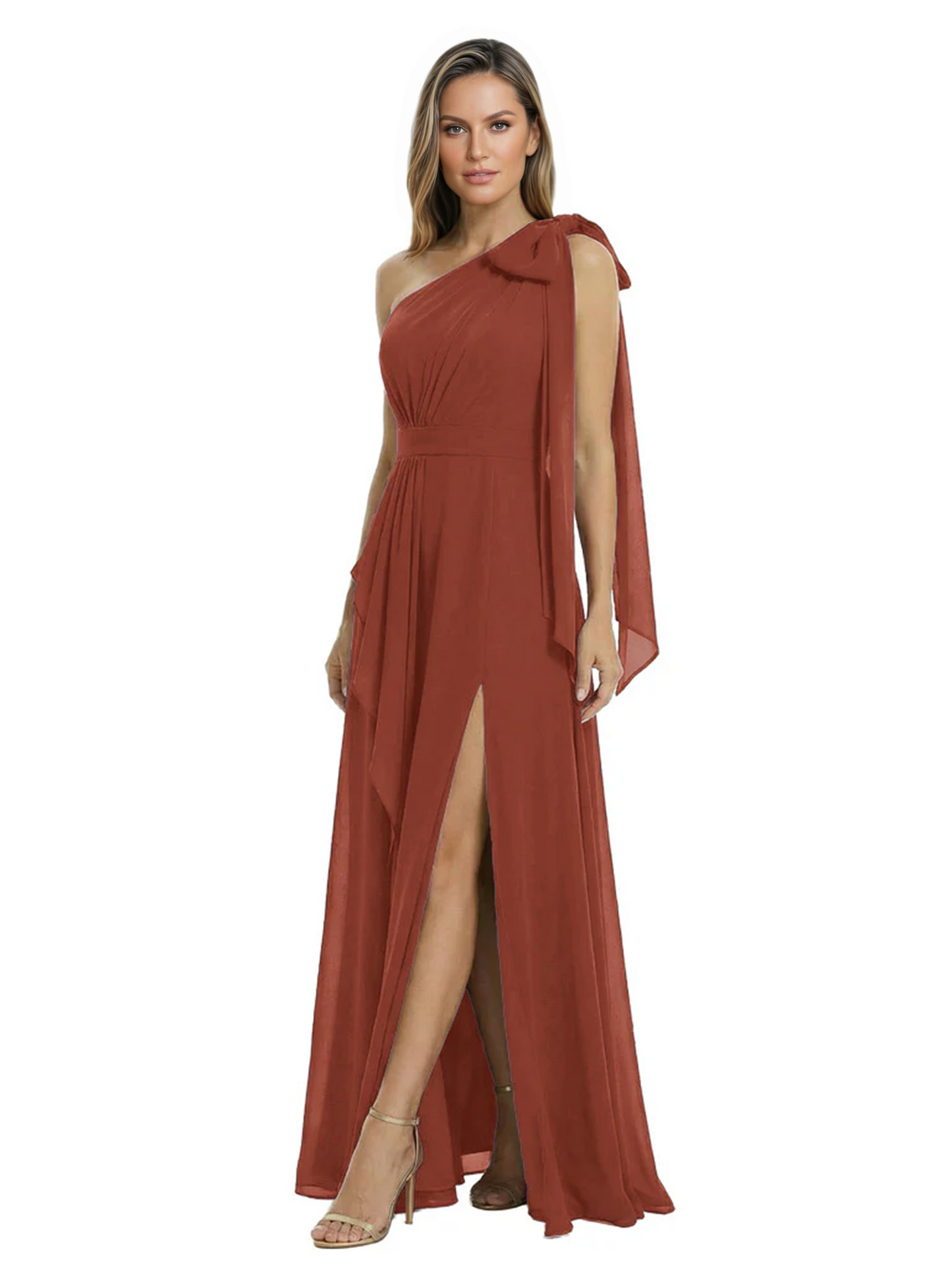 One-Shoulder Mother of the Bride Dress Chiffon Gown with Long Sash Detail