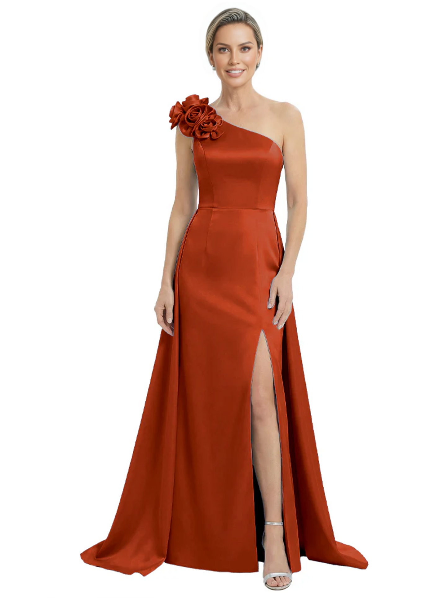 One Shoulder Mother of the Bride Dress with 3D Floral Detail Formal Dress A-Line Gowns with Slit