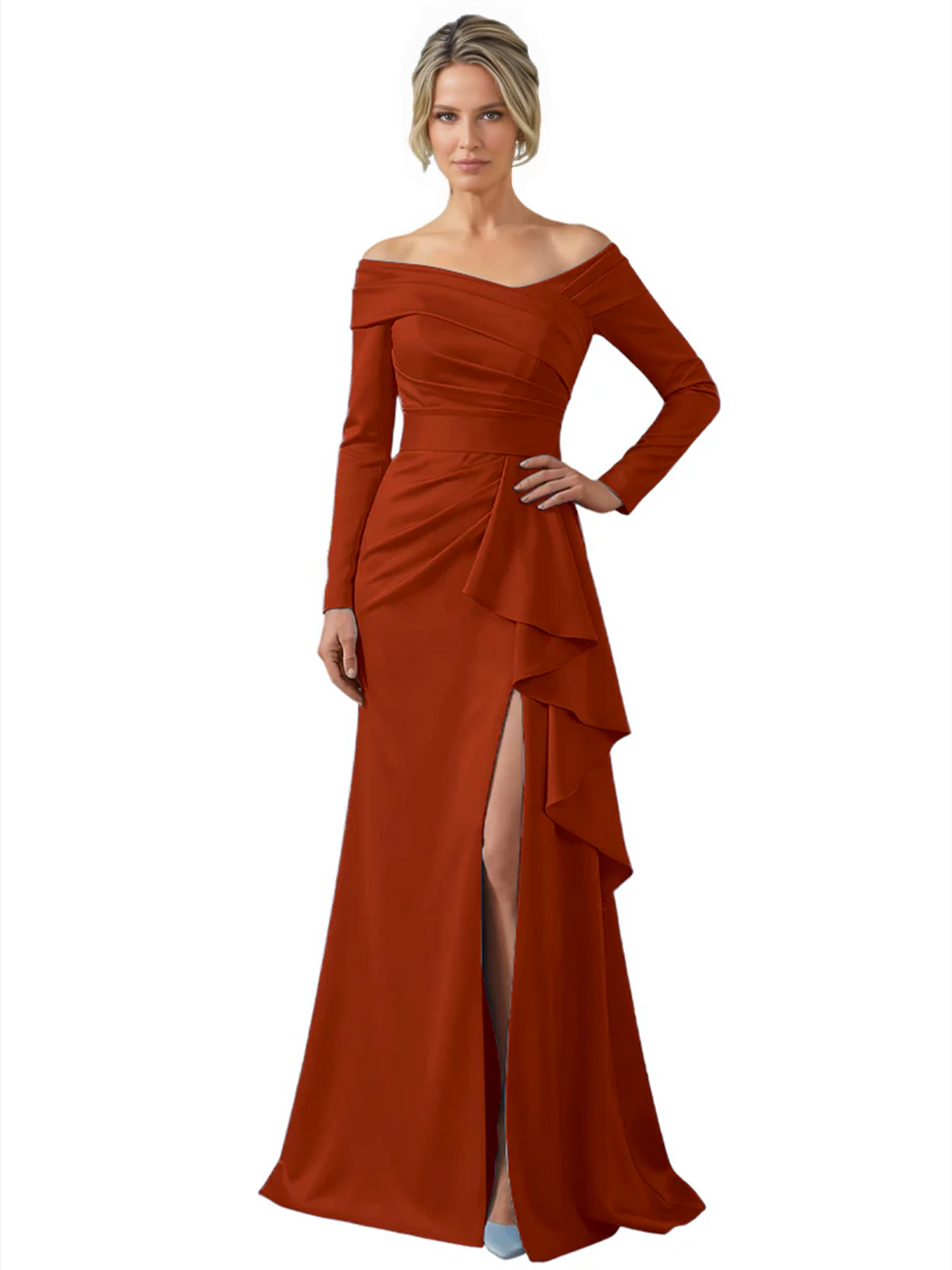 Elegant Mother of the Groom Dress Cascading Ruffle Satin Gown with High Slit Long Sleeves