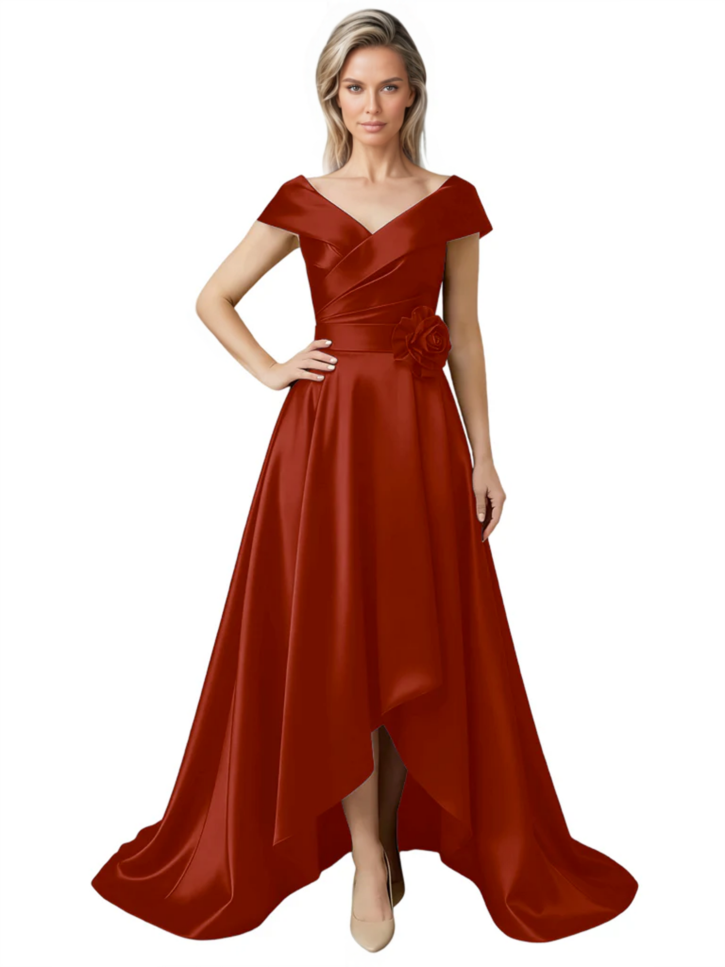Off Shoulder Mother of the Bride Dress High-Low Satin Gown with Portrait Neckline