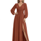 A-Line Mother of Bride Dress V-Neck Chiffon Gown Long Sleeves Slit Formal Dress