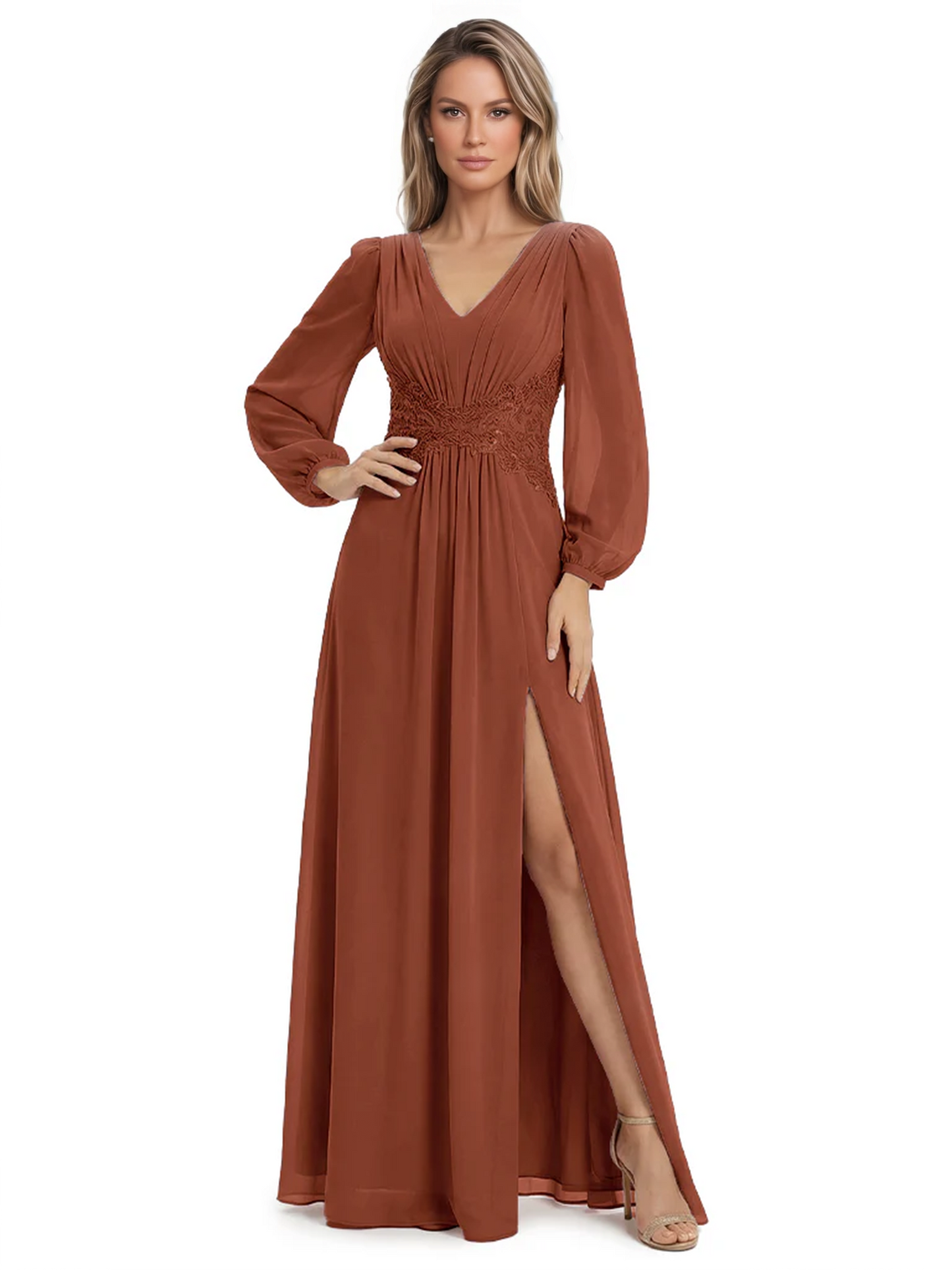 A-Line Mother of Bride Dress V-Neck Chiffon Gown Long Sleeves Slit Formal Dress
