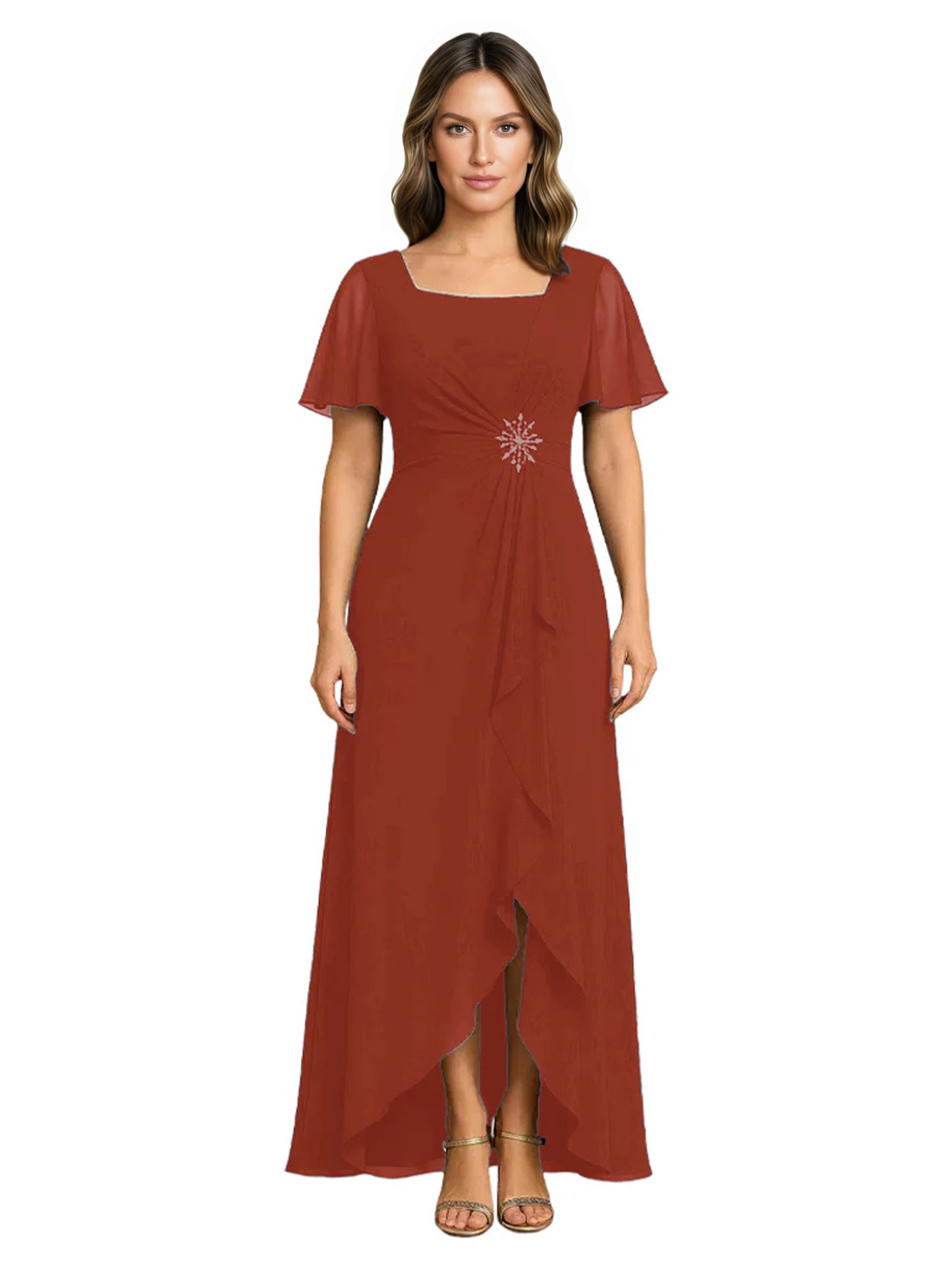 Formal High-Low Mother of the Bride Gown Sleeved Chiffon Maxi Dress Ruched Waist