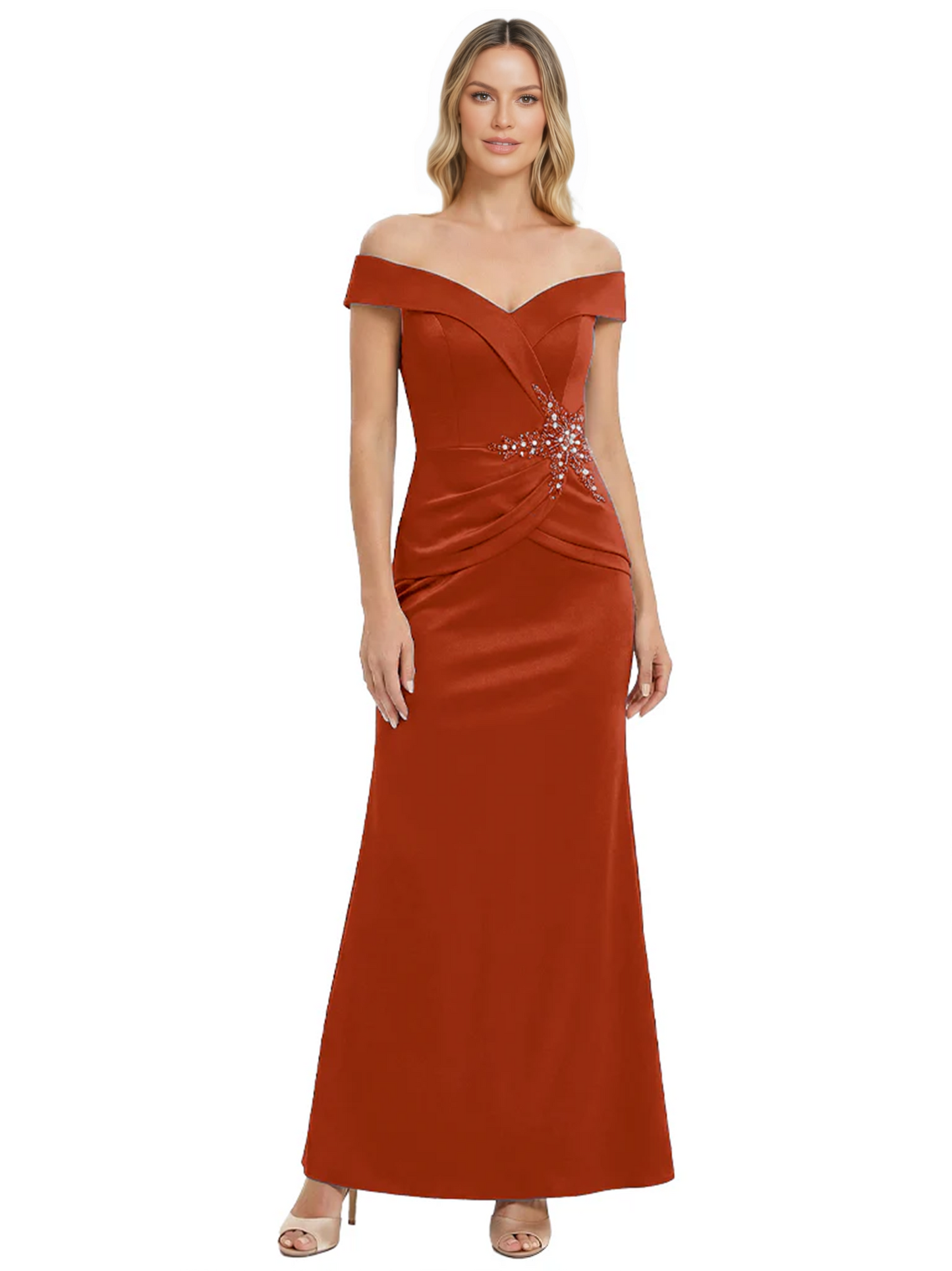 Off Shoulder Mother of the Bride Dress Beaded Waist Satin Gown Portrait Neckline