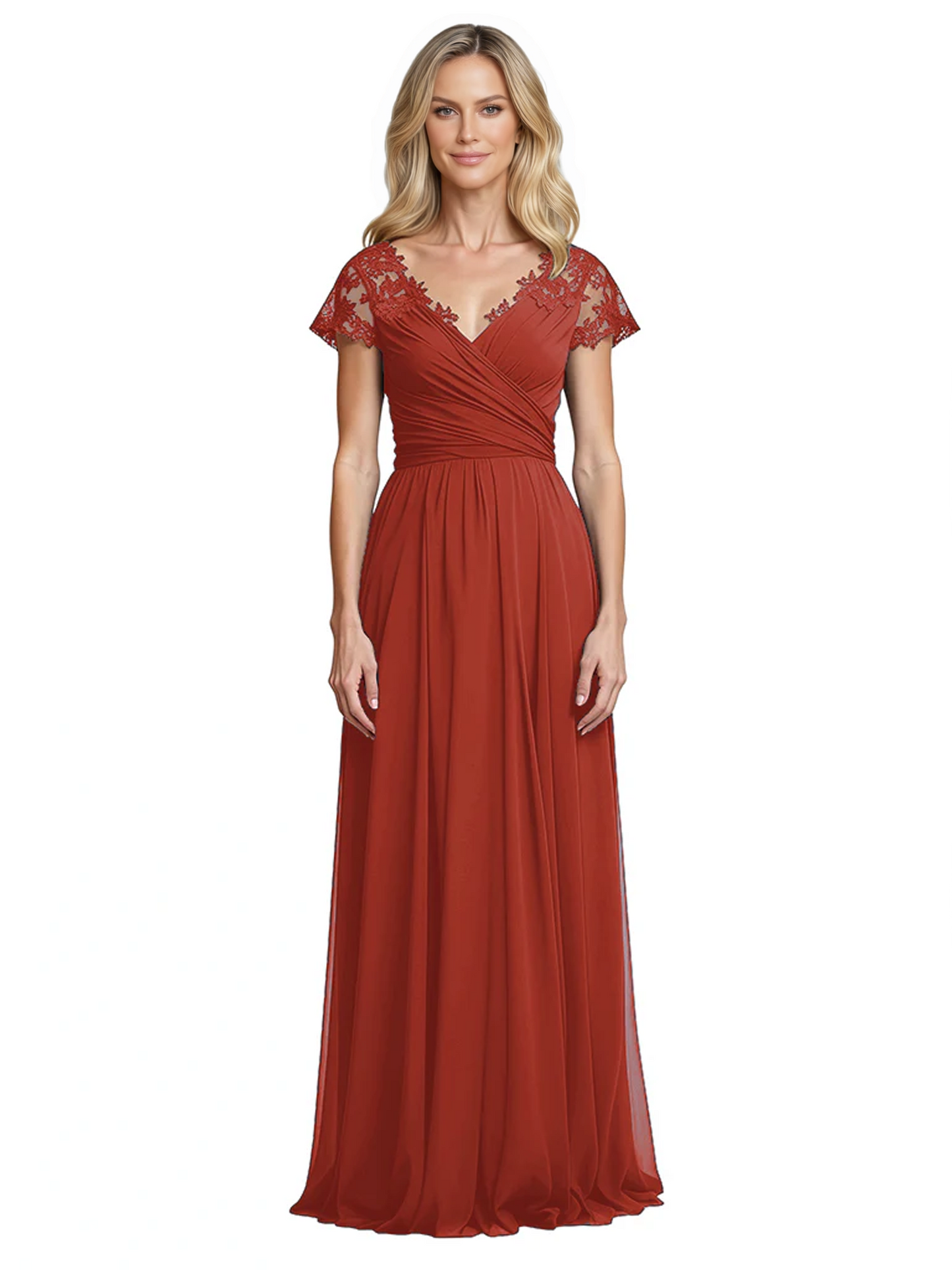 Mother of the Bride Dress Cap Sleeves and V-Neckline with Embroidered Lace Shoulders