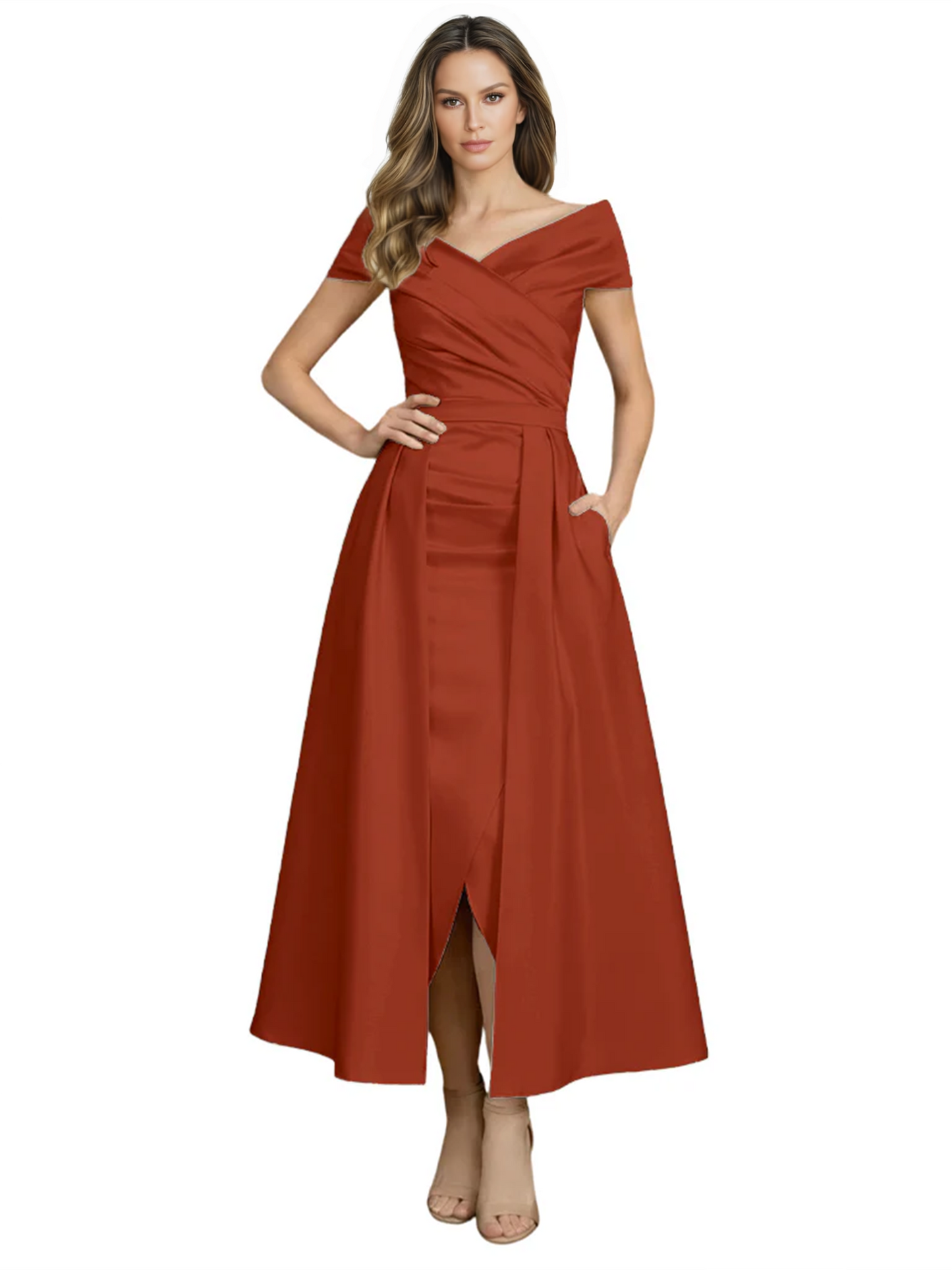 Formal Floor-Length Mother of the Bride Gown Satin Maxi Dress with Slit Off Shoulder