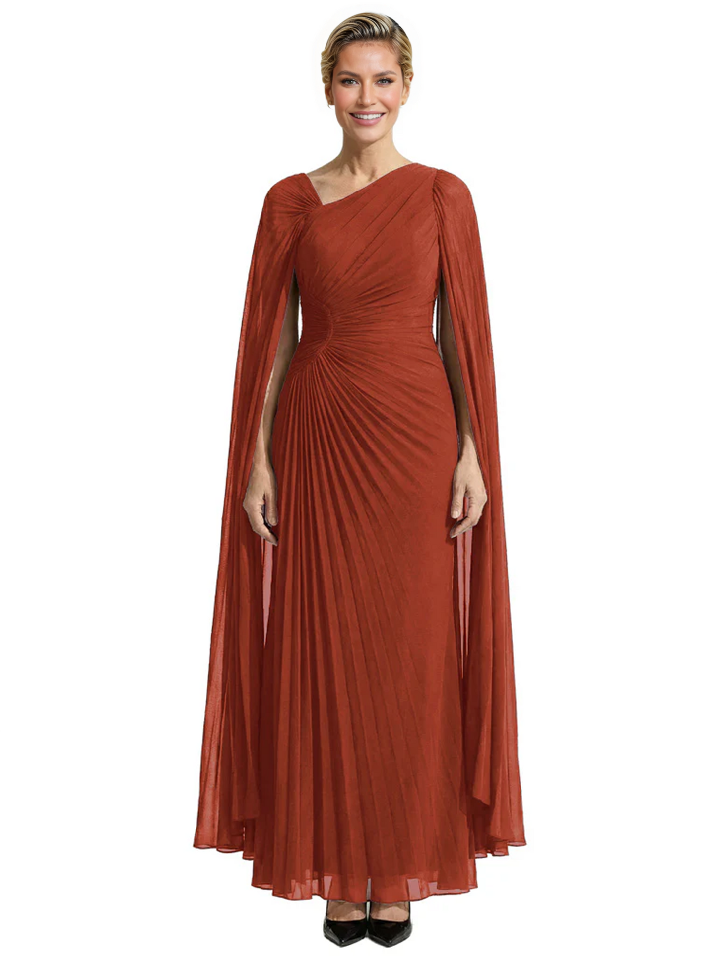 Elegant Asymmetric Neck Long A-Line Chiffon Mother of the Brides Dresses Mom Outfit with Cape