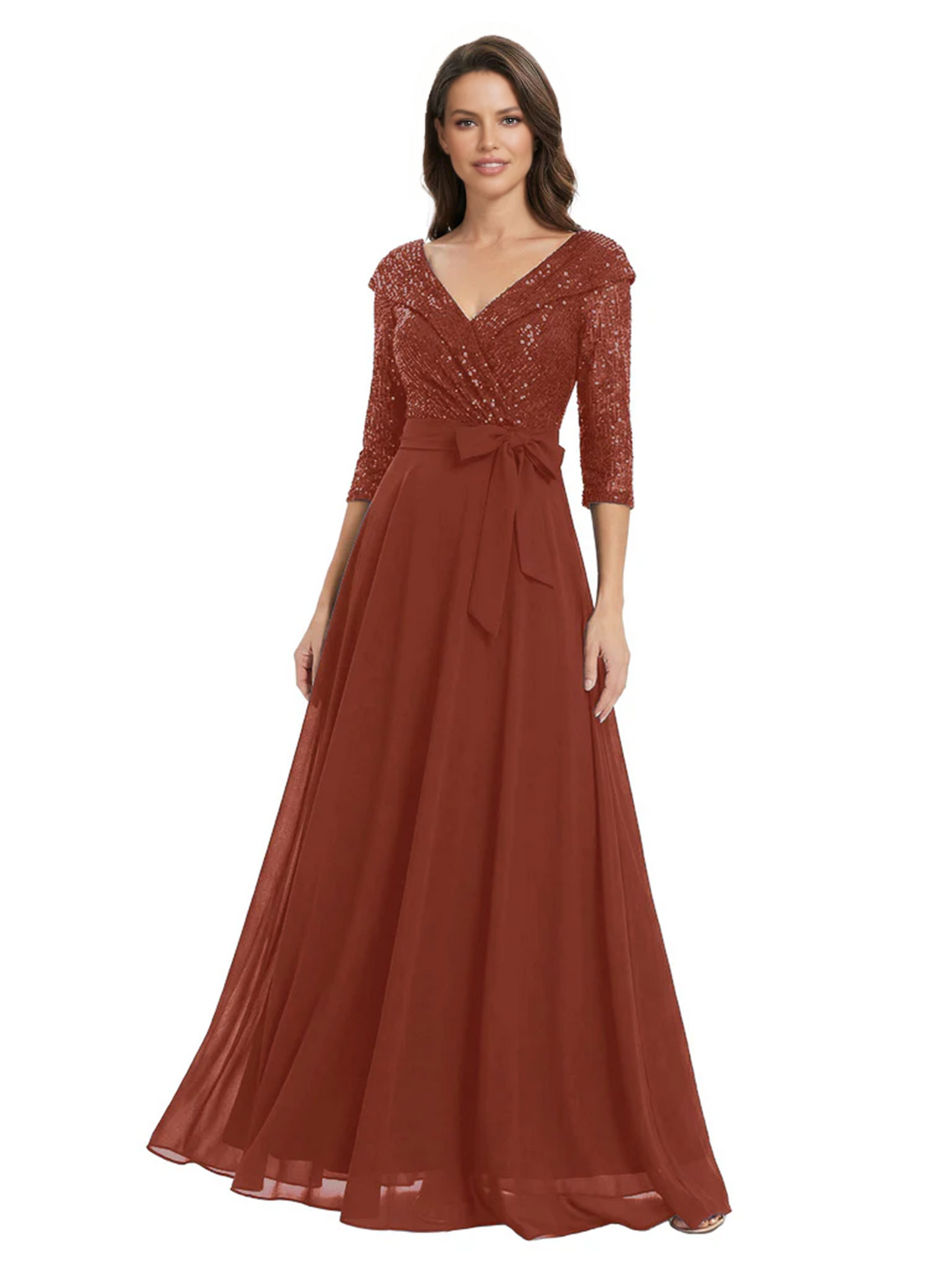 Chiffon Mother of the Bride Dress with Sequin V-Neck and Elegant Bow Sash