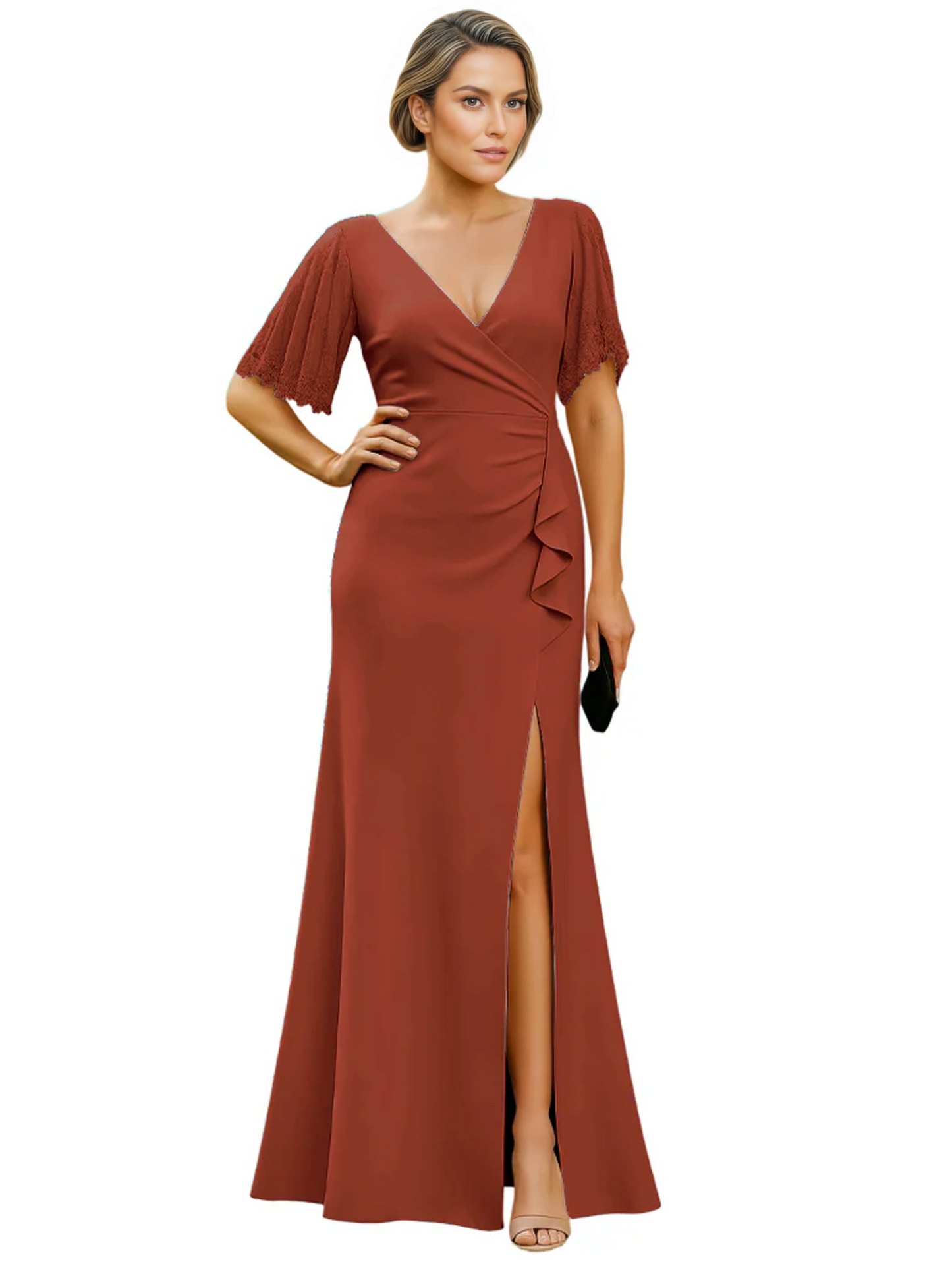 Elegant Evening Gown Trending V-Neck & Ruffle Detail Mother of Bride Outfits Slit
