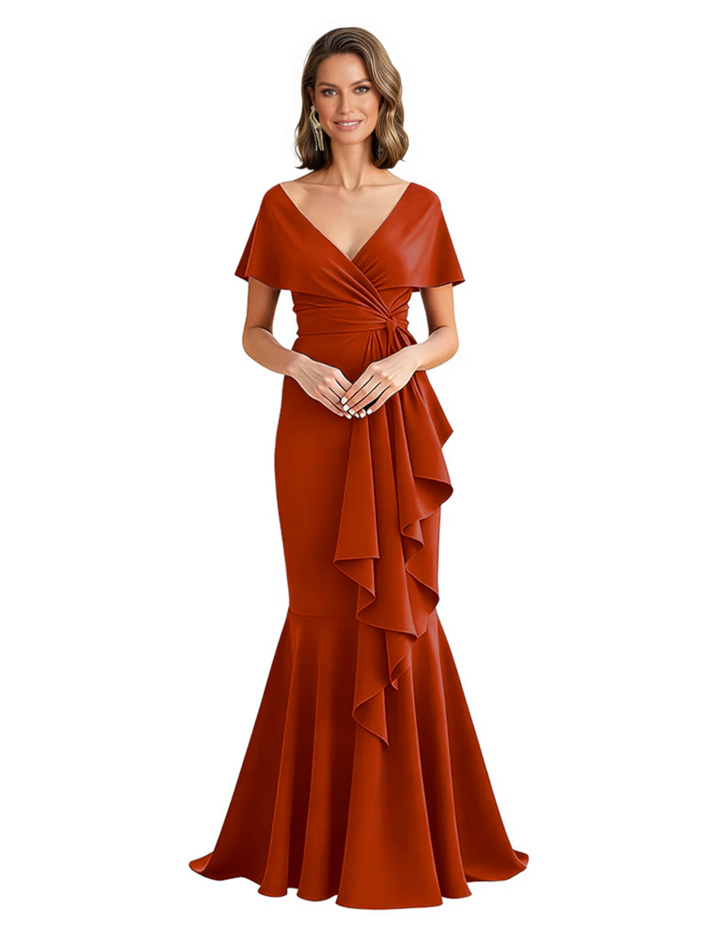 Satin Mother of the Bride Dress with Cascading Ruffles and Mermaid Tail V-Neck