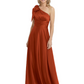 One-Shoulder Mother of the Bride Dress Satin Gown with Bow Ruched Empire Waist