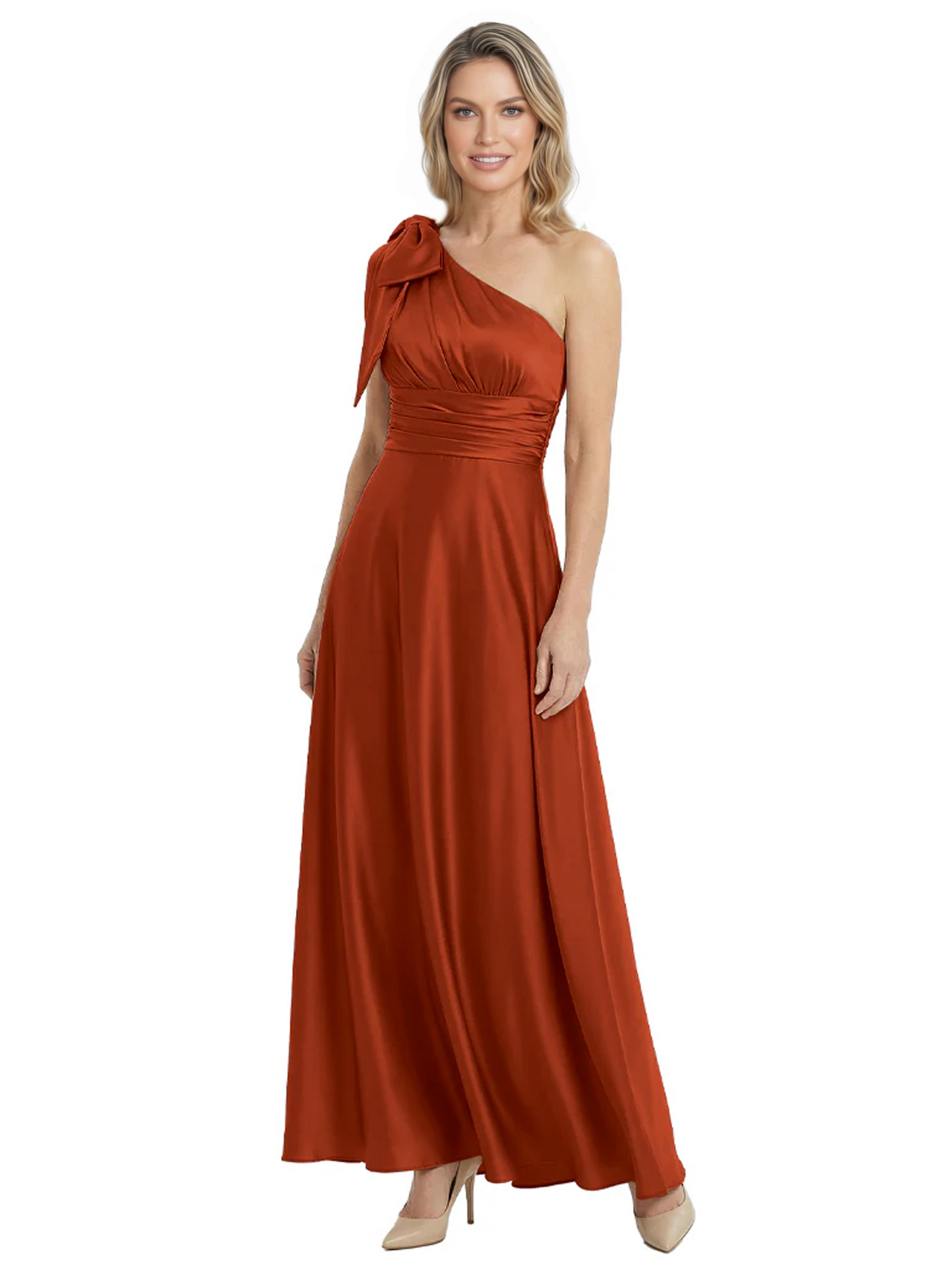 One-Shoulder Mother of the Bride Dress Satin Gown with Bow Ruched Empire Waist