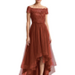 Formal High-Low Mother of the Bride Gown Short Sleeve Lace Maxi Dress with Tiered Skirt