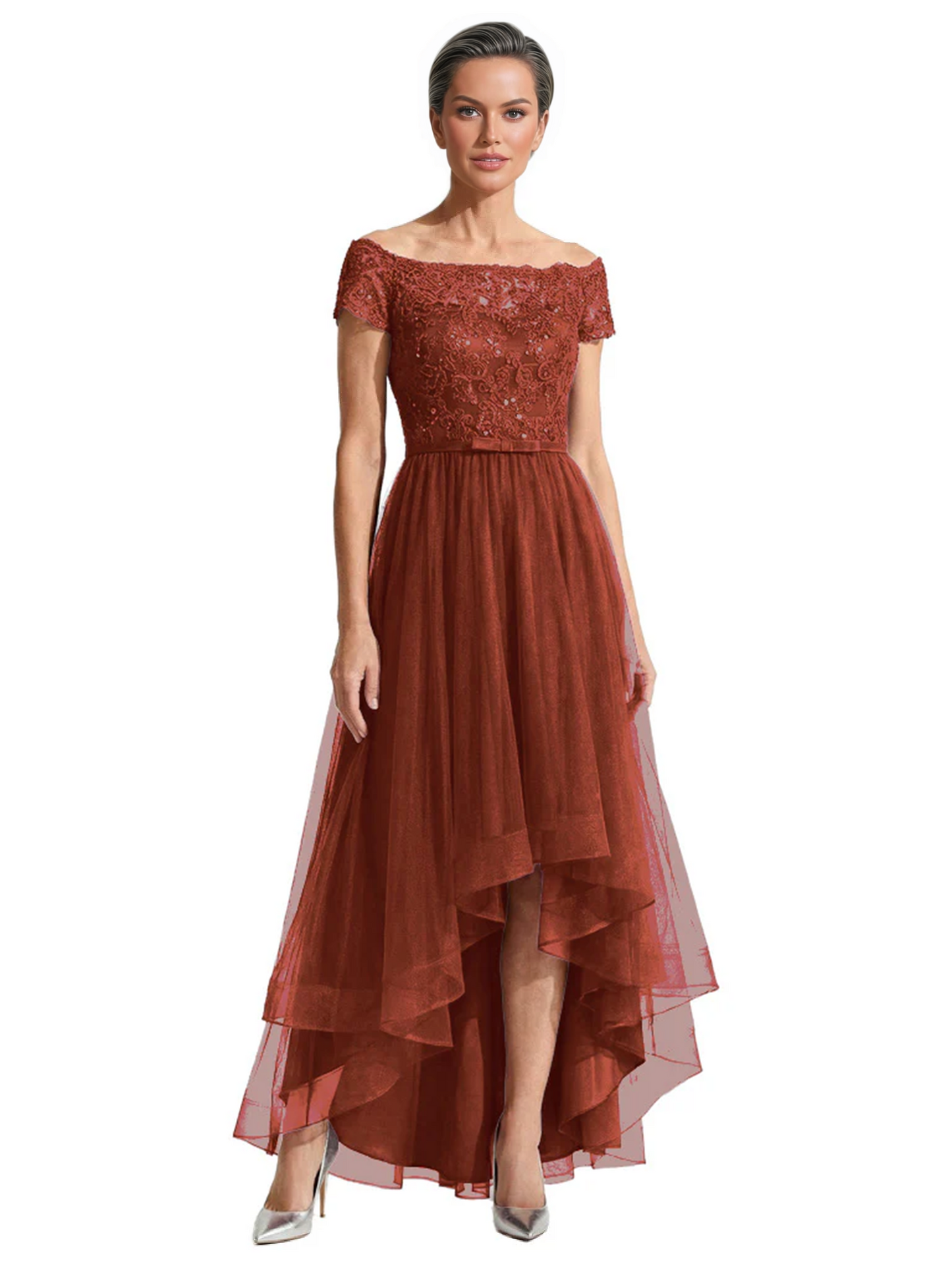 Formal High-Low Mother of the Bride Gown Short Sleeve Lace Maxi Dress with Tiered Skirt