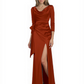 Elegant Evening Gowns Slit Trending Styles Satin Slit Formal Dress Cowl Neckline Gown Tie