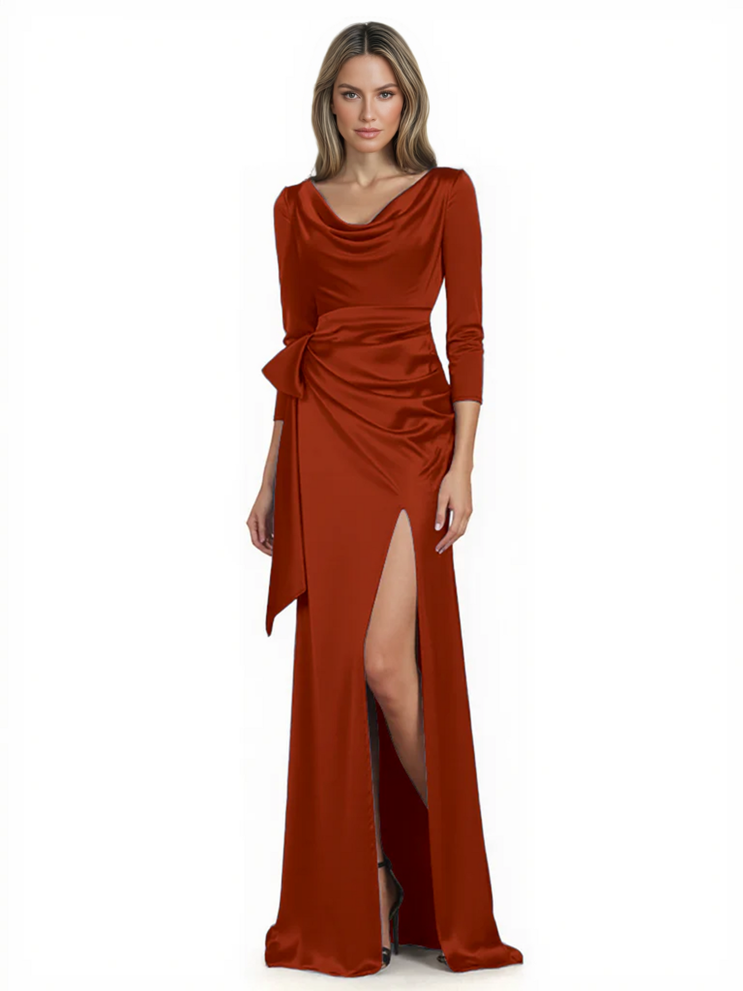 Elegant Evening Gowns Slit Trending Styles Satin Slit Formal Dress Cowl Neckline Gown Tie