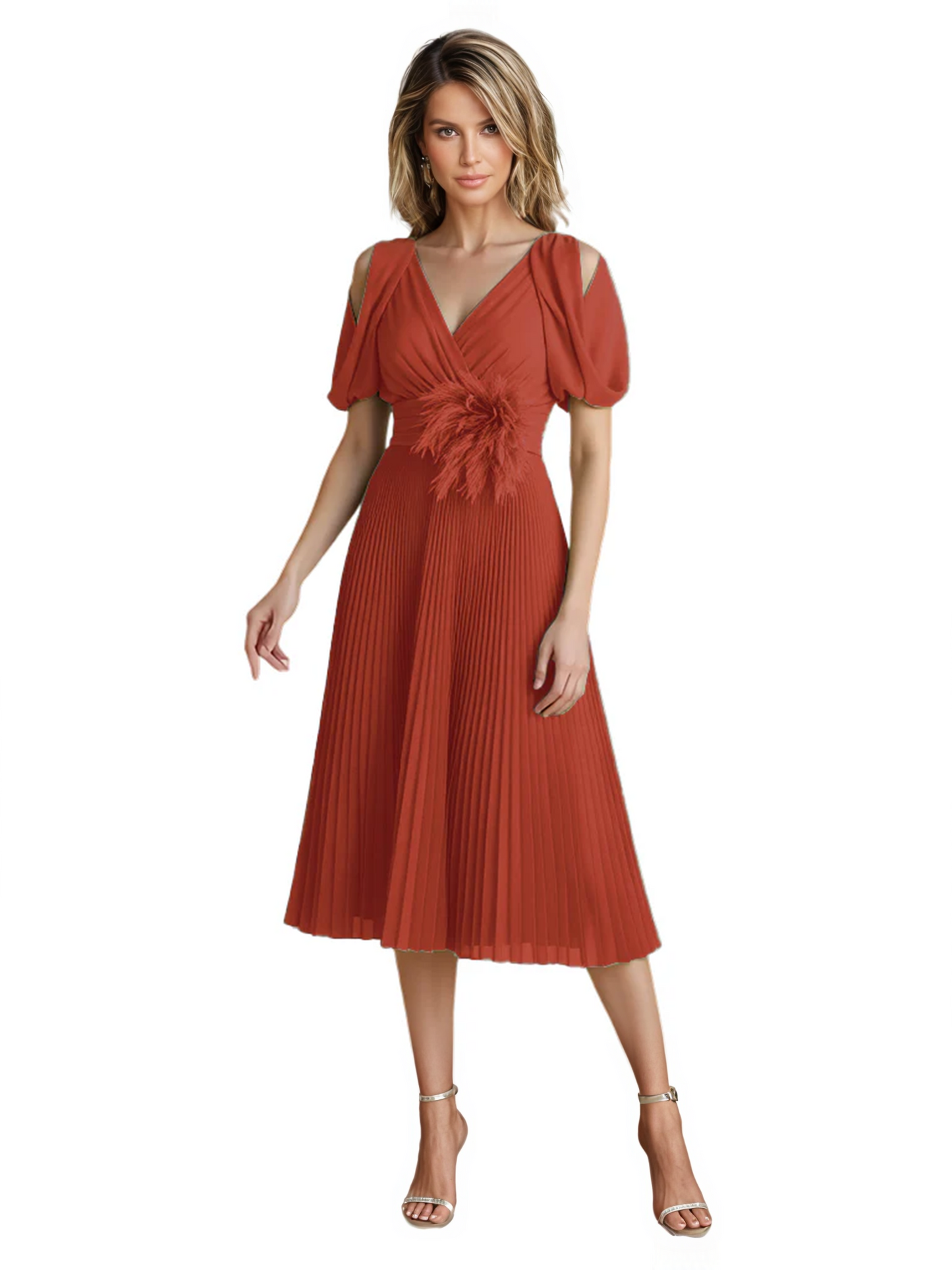 Wedding Formal Dress V-Neck Pleated Chiffon Gown with 3D Flower Accent Knee Length