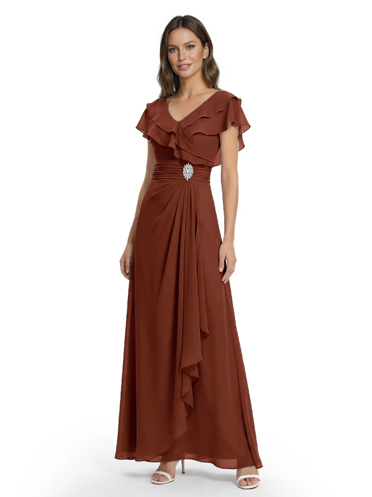 Elegant Mother of the Groom Dress Cascading Ruffle Chiffon Formal Gown Rhinestone