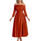 Off Shoulder Mother of the Bride Dress Tea-Length Satin Gown with Lace Applique