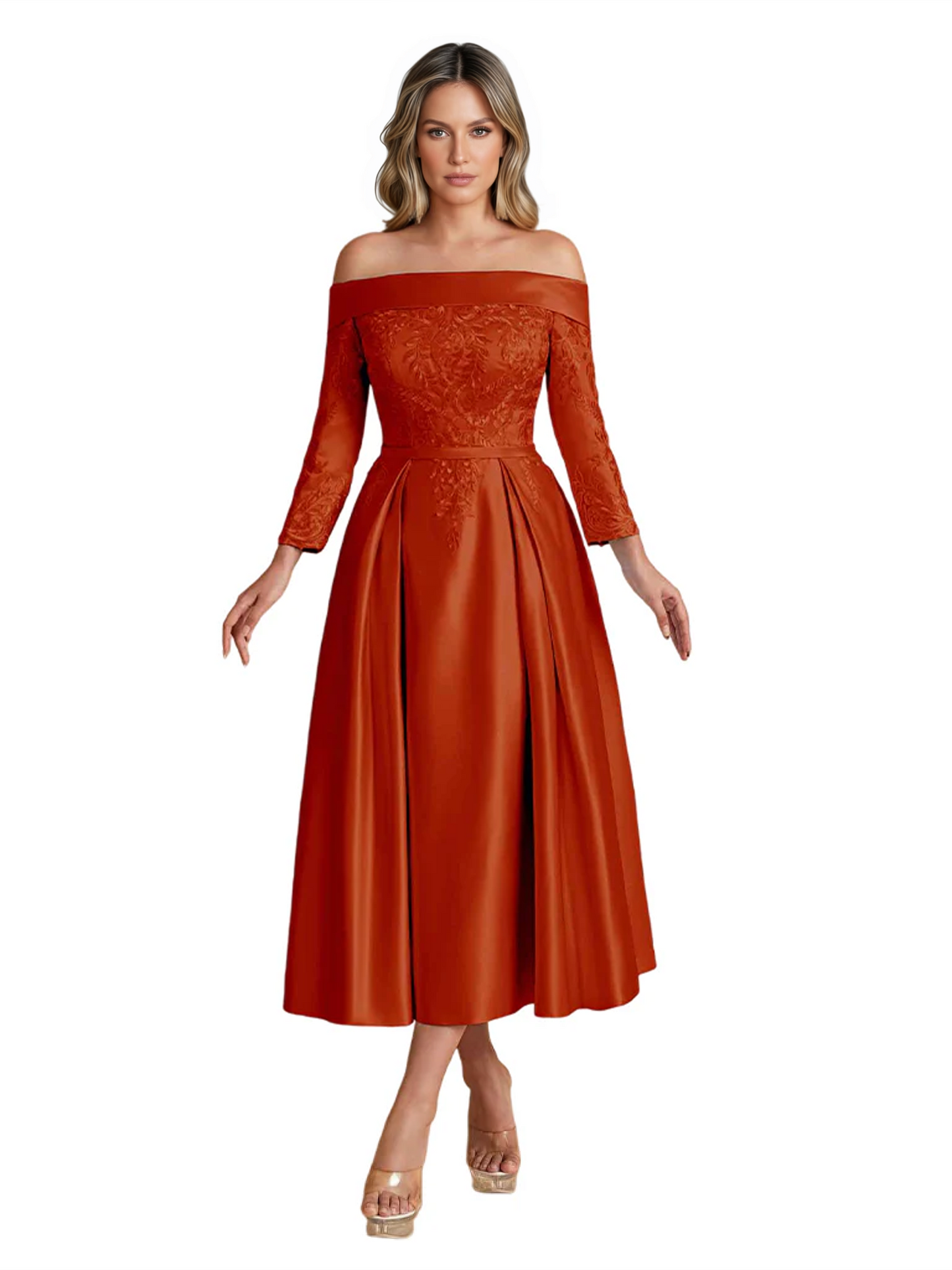Off Shoulder Mother of the Bride Dress Tea-Length Satin Gown with Lace Applique