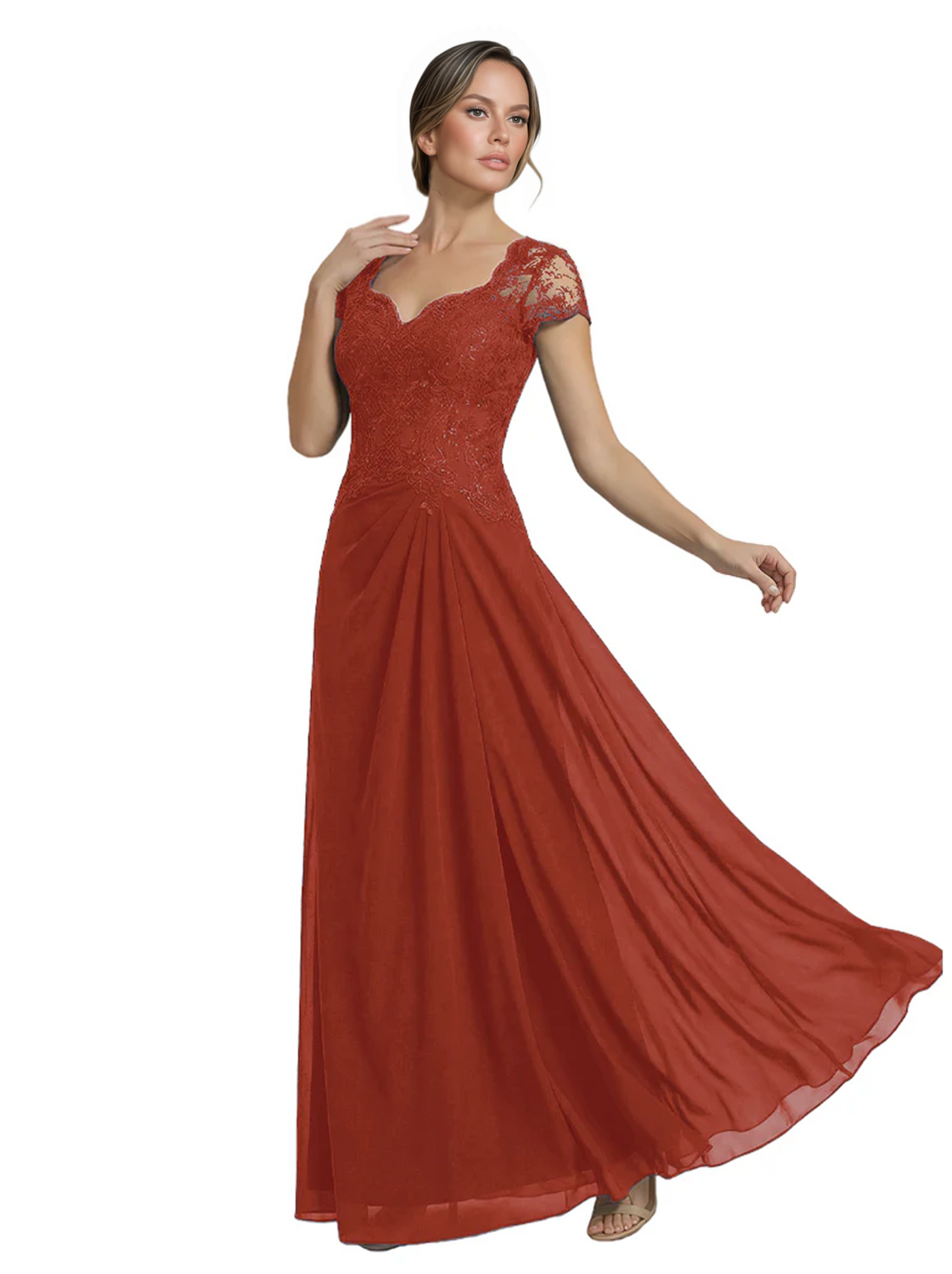 Long A-line Chiffon Short Sleeves Mother of the Brides Dresses Lace Wedding