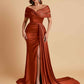 Elegant Soft Satin V-neck Off-the-Shoulder Side-Slit Mermaid Bridesmaid Dresses