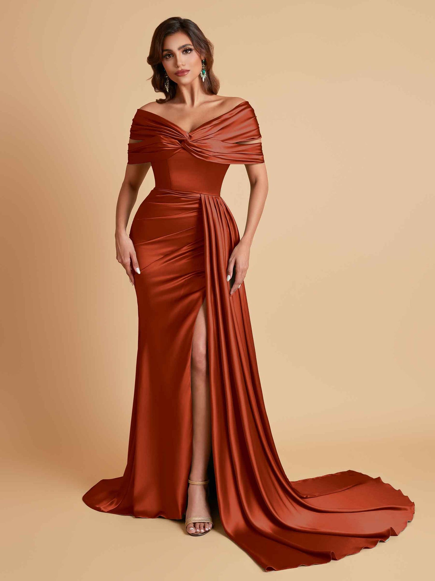 Elegant Soft Satin V-neck Off-the-Shoulder Side-Slit Mermaid Bridesmaid Dresses