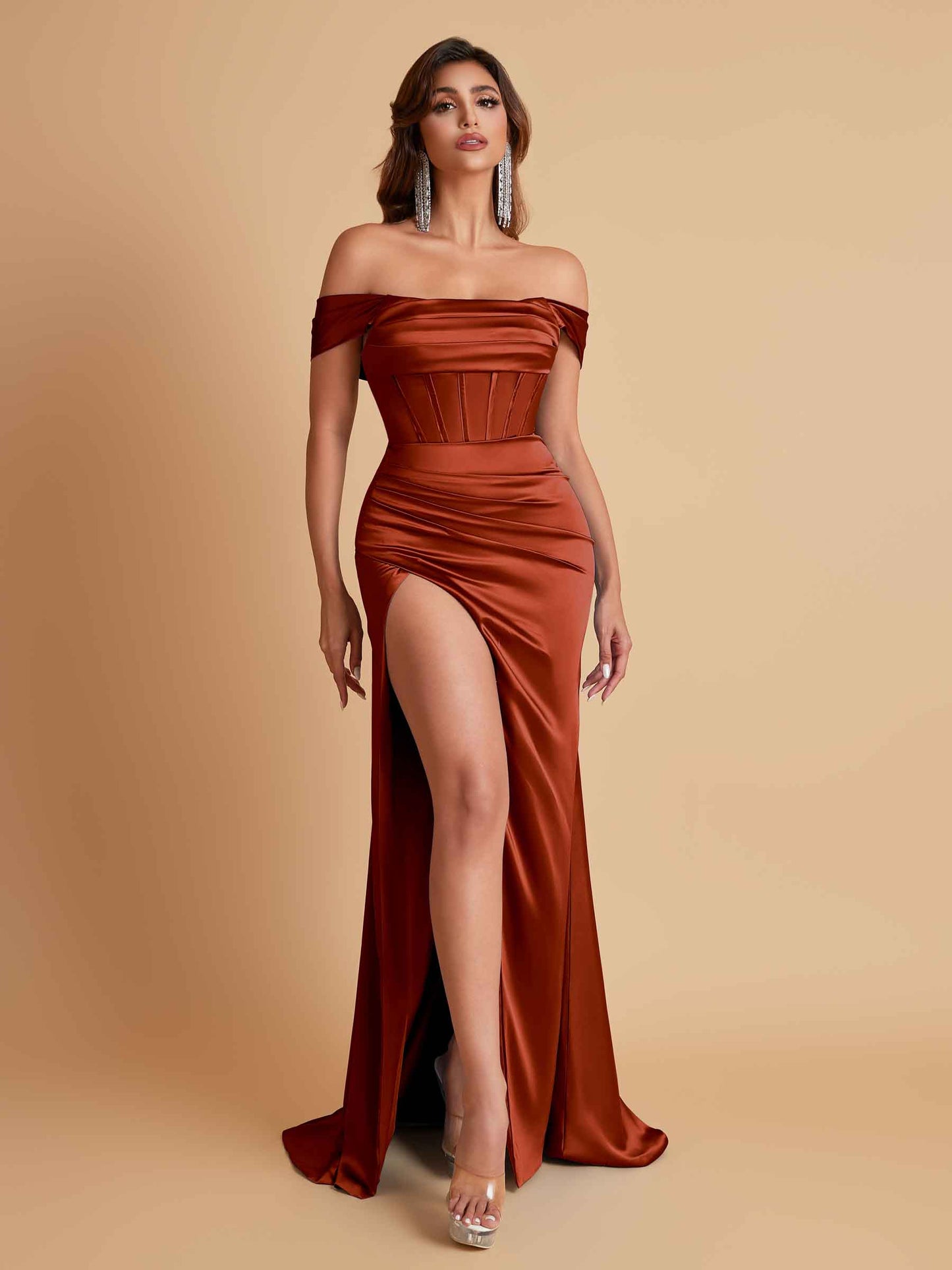 Sexy Off the Shoulder Soft Satin Side Slit Floor-Length Mermaid Bridesmaid Dresses