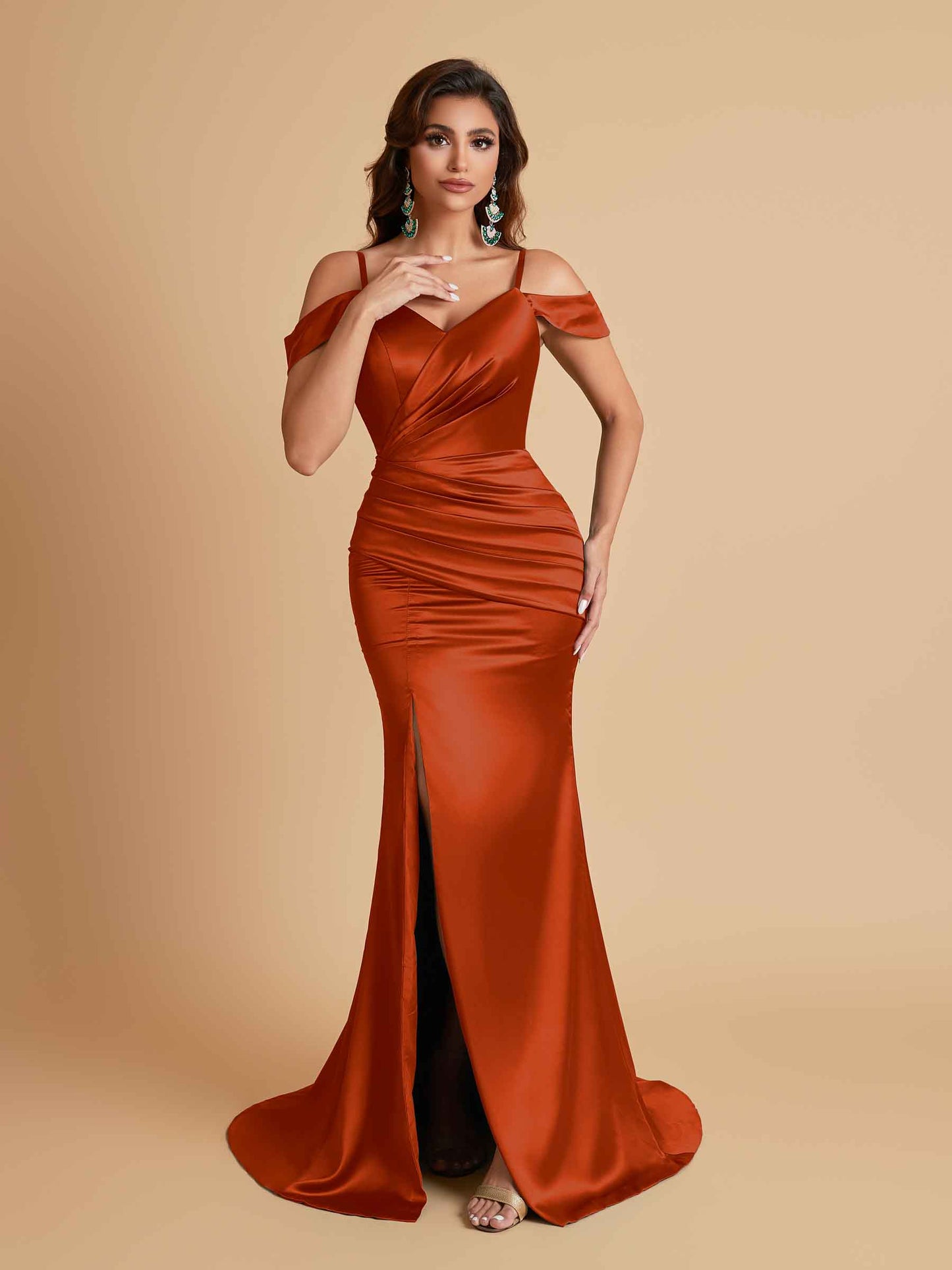 Sexy Soft Satin Mermaid Off Shoulder Side Slit Floor-Length Mermaid Bridesmaid Dresses