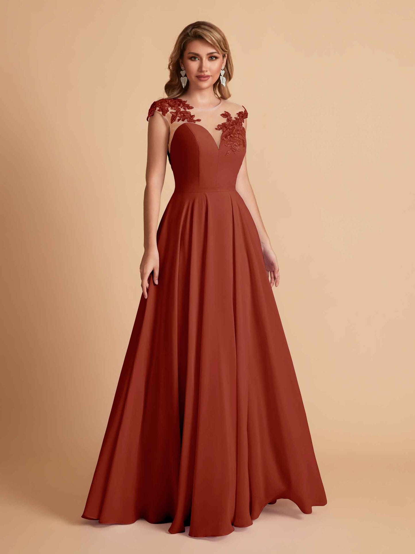 Chiffon Illusion Lace Top A-line Bridesmaid Dresses V-neck Floor Length Wedding Guest Dresses