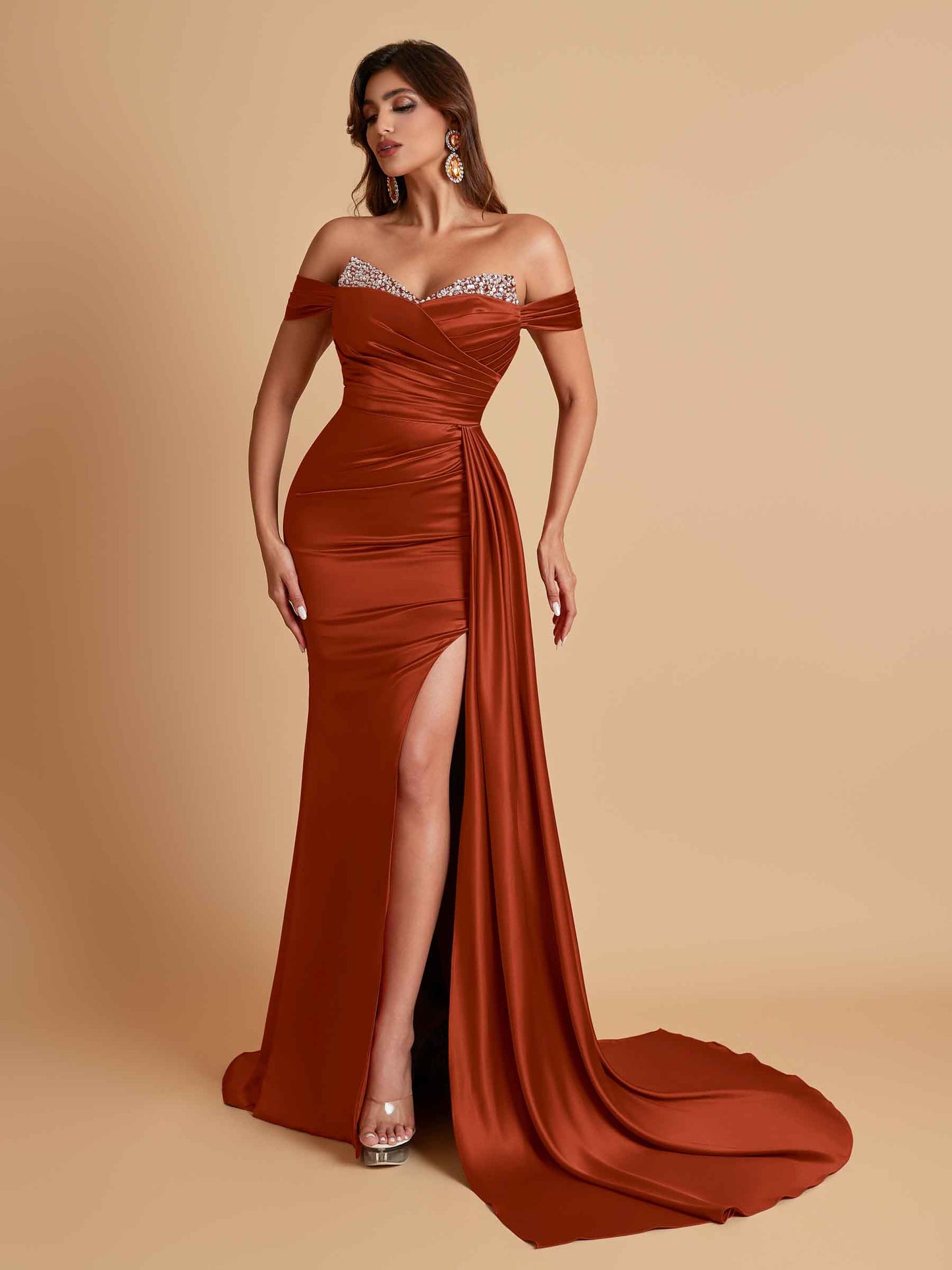 Gorgeous Soft Satin V-neck Off-the-Shoulder Side-Slit Mermaid Bridesmaid Dresses