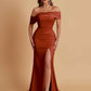 Elegant Soft Satin Mermaid Off Shoulder Asymmetrical Side Slit Floor-Length Bridesmaid Dresses