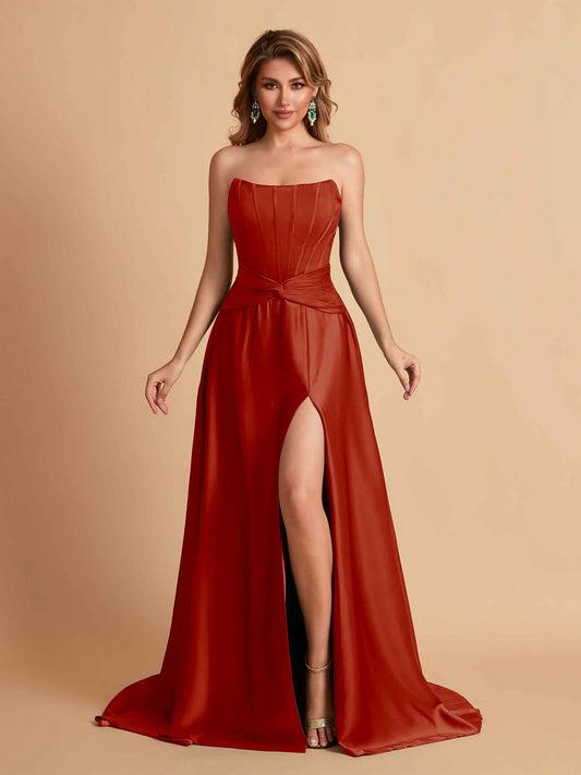 Elegant Satin Sweetheart A-Line Side Slit Floor Length Bridesmaid Dresses