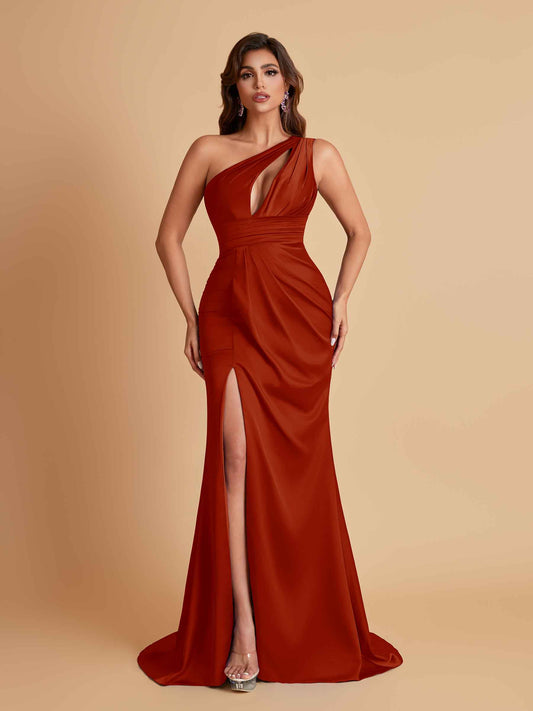 Sexy One Shoulder Soft Satin Side Slit Floor-Length Mermaid Bridesmaid Dresses