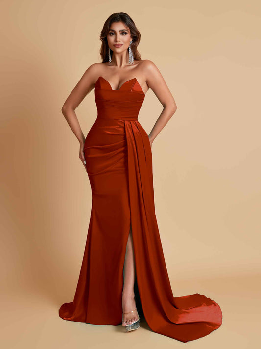 Gorgeous Strapless Soft Satin Side Slit Floor-Length Mermaid Bridesmaid Dresses